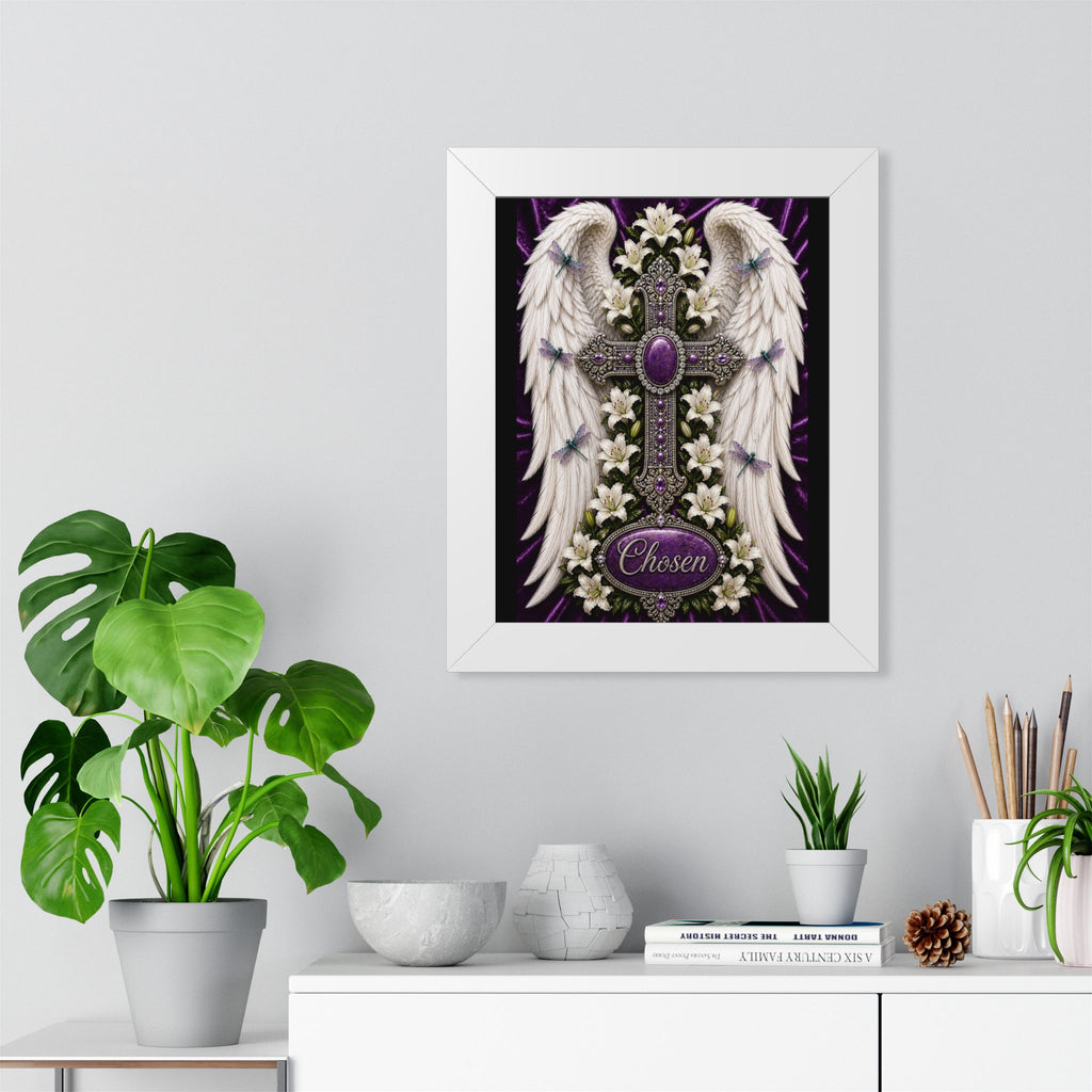 Framed Poster — 'Chosen' Angel Wings & Jeweled Cross Wall Art