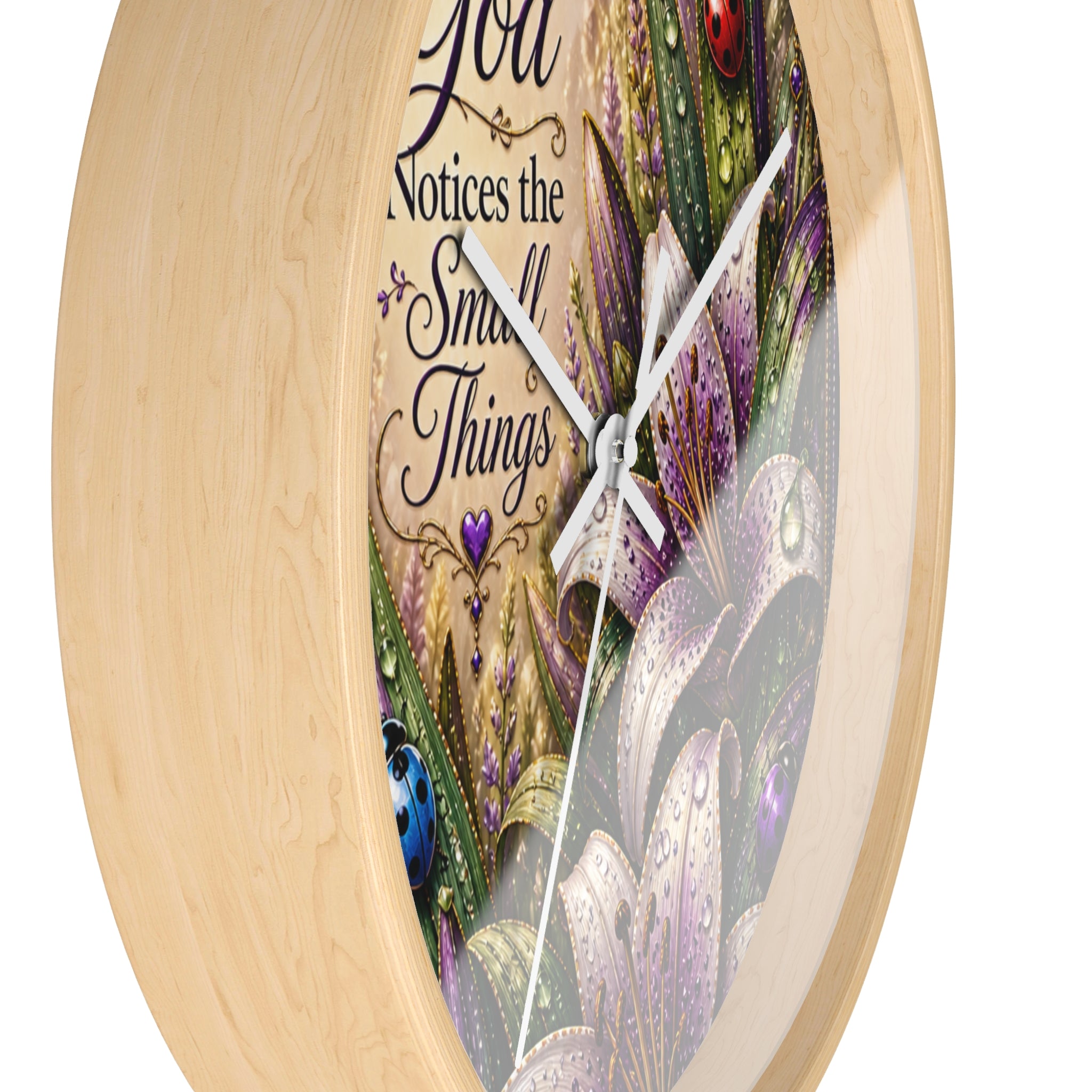 Wall Clock — "God Notices the Small Things" Floral Decorative Clock (Purple Lilies, Inspirational Home Decor)