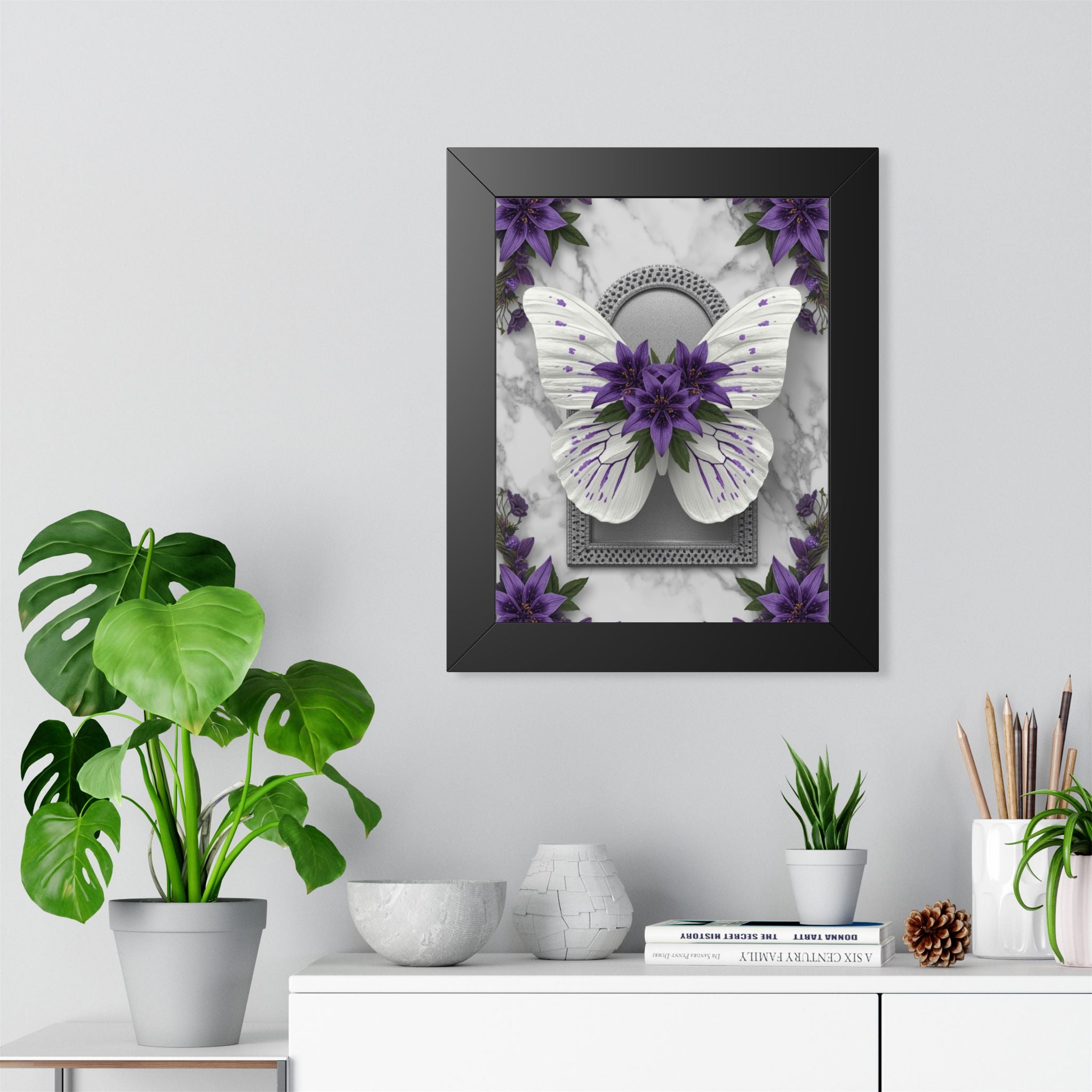 Purple Floral Butterfly Framed Poster — Vertical Wall Art