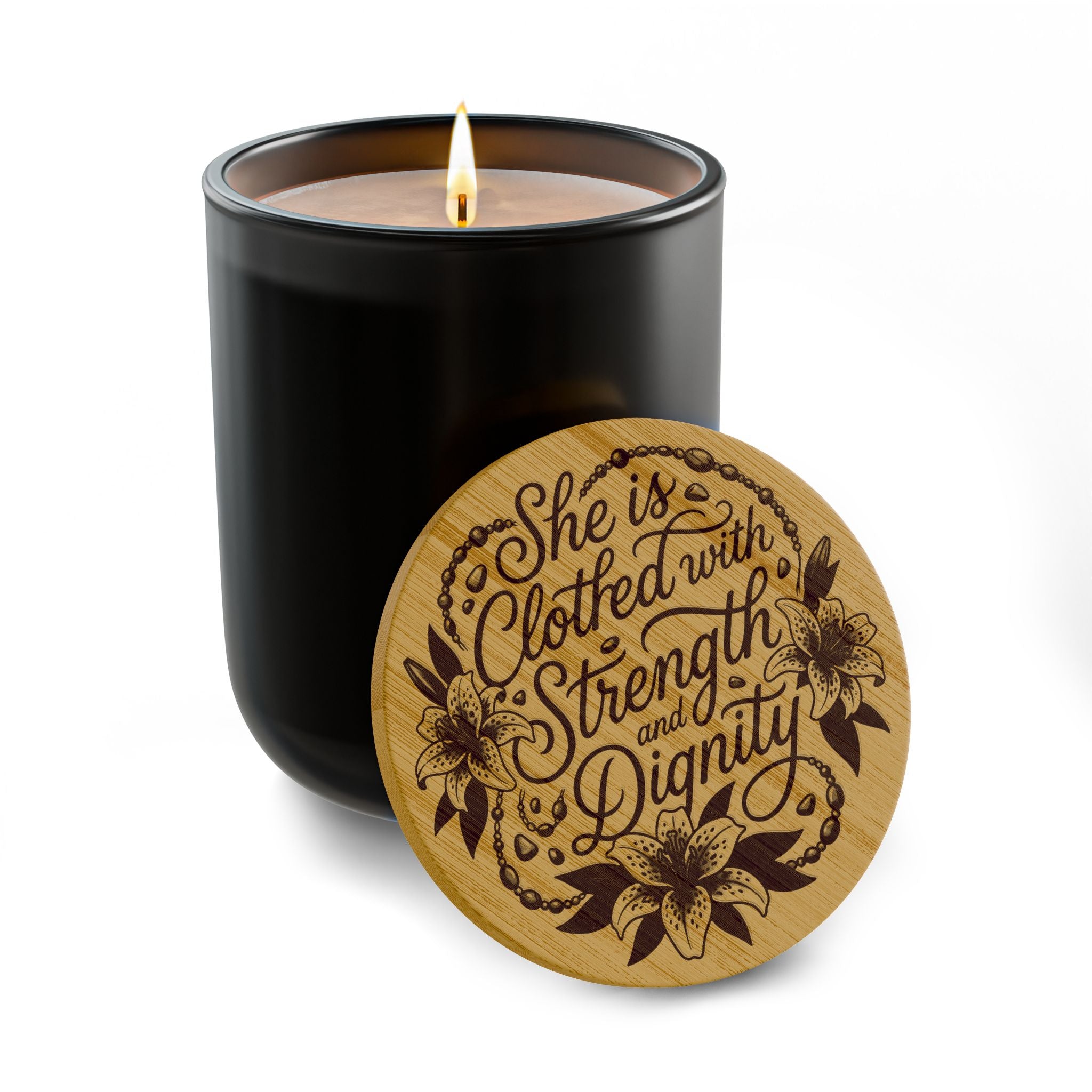 Engraved 14oz Soy Candle — "She is Clothed with Strength and Dignity" Wooden Lid