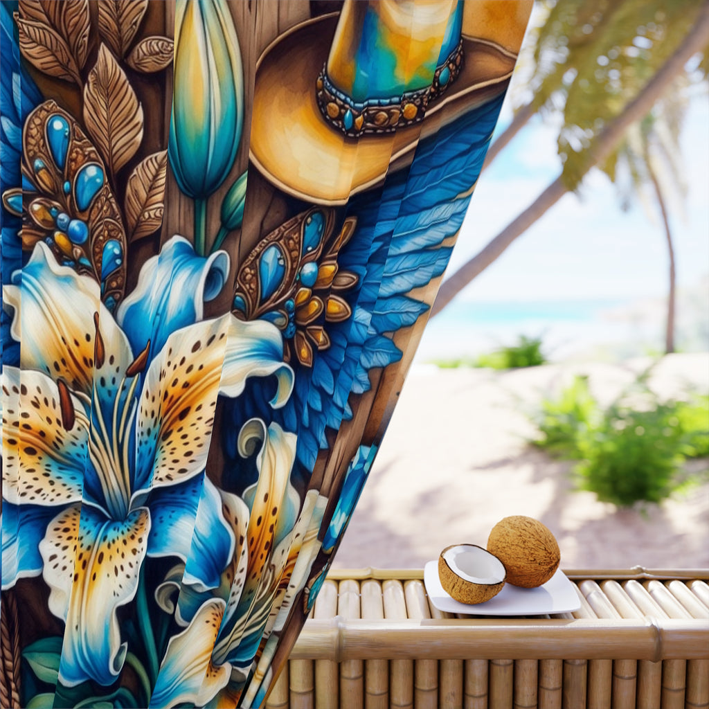 Western Boots & Lilies Curtain — Blue Cowboy Floral Window Panel