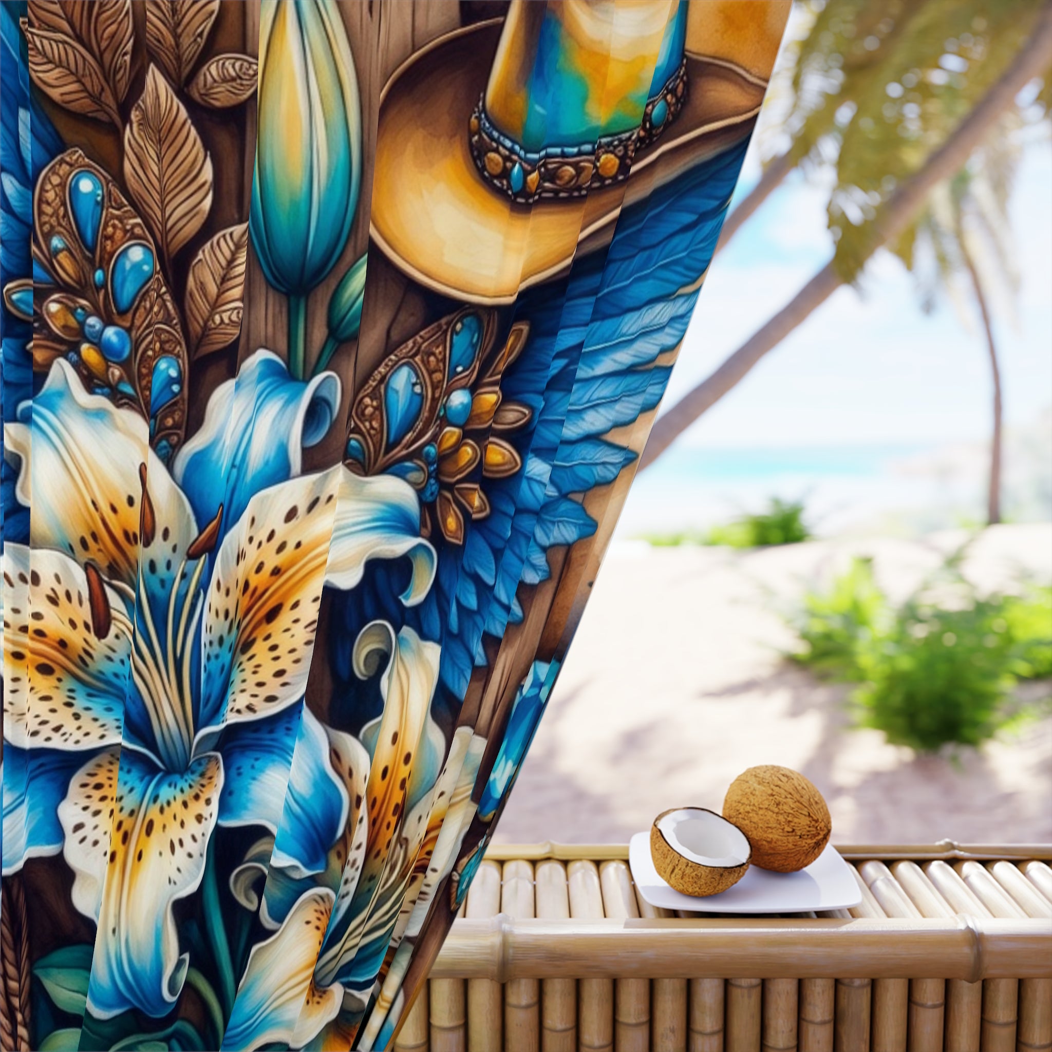 Western Boots & Lilies Curtain — Blue Cowboy Floral Window Panel