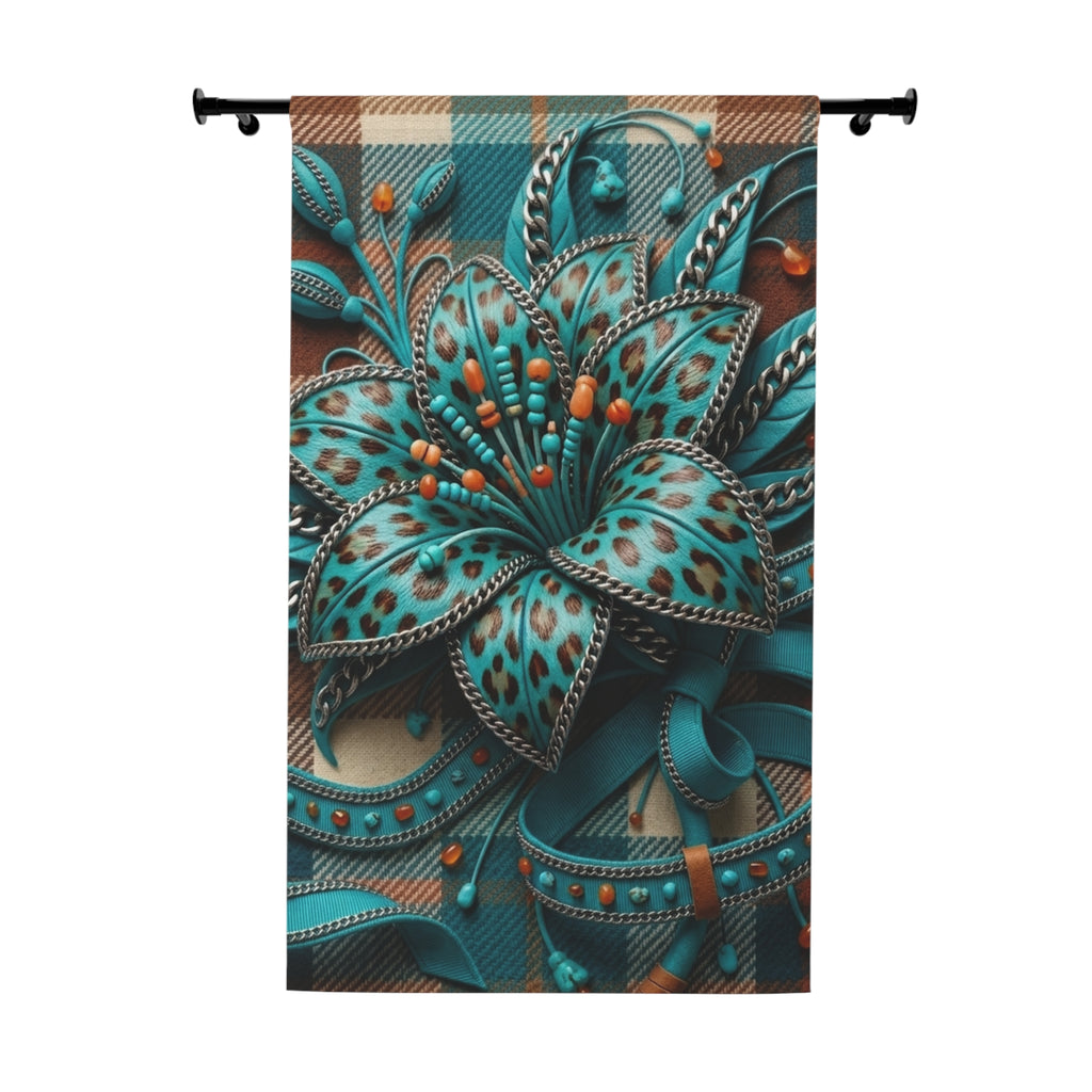 Teal Floral Tapestry Curtain - 3D Ornamental Bloom Window Panel