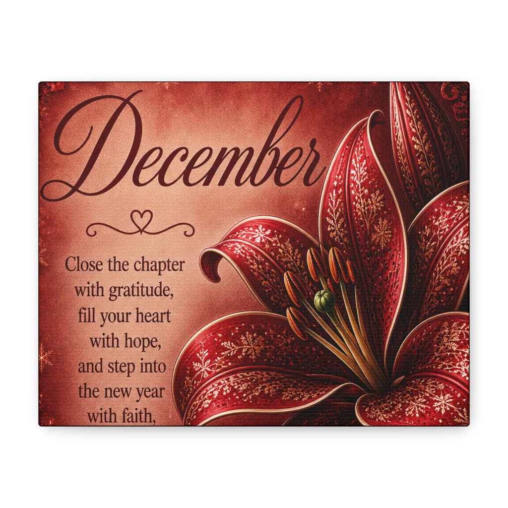 December Floral Canvas Wall Art – Inspirational Holiday Quote, 'Close the chapter with gratitude'