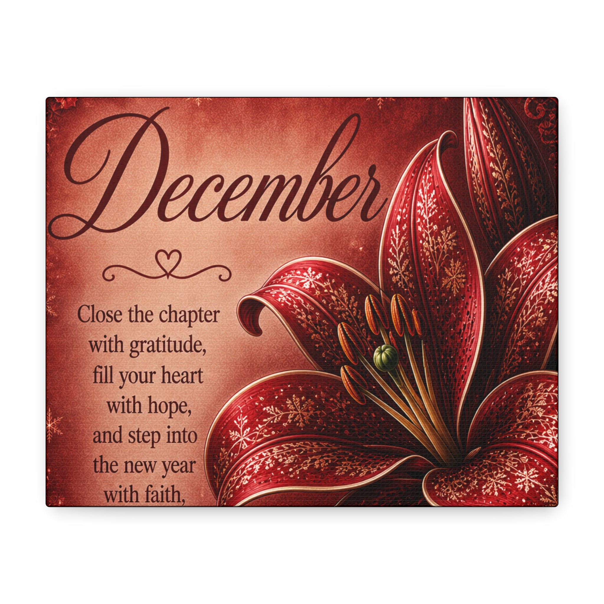 December Floral Canvas Wall Art – Inspirational Holiday Quote, 'Close the chapter with gratitude'