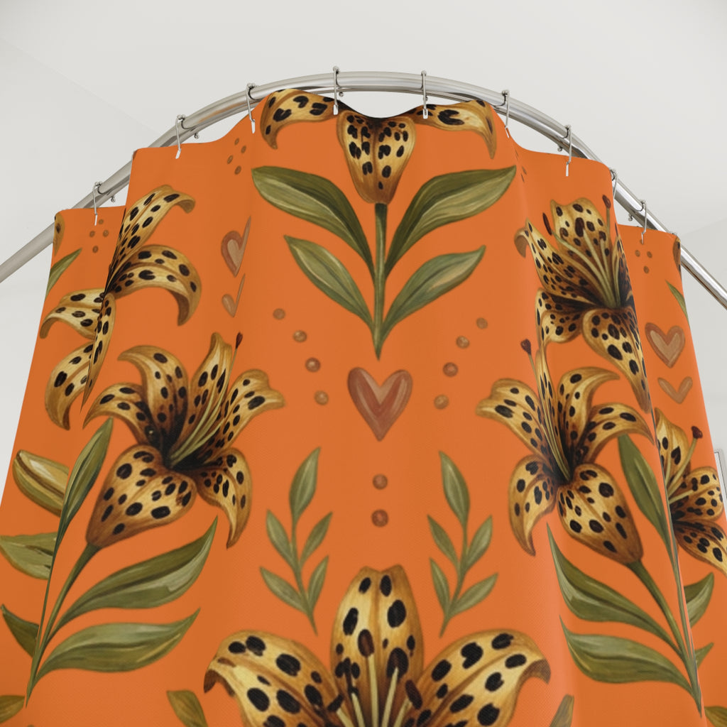 Tiger Lily Floral Shower Curtain — Orange Leopard-Spot Botanical Bath Decor