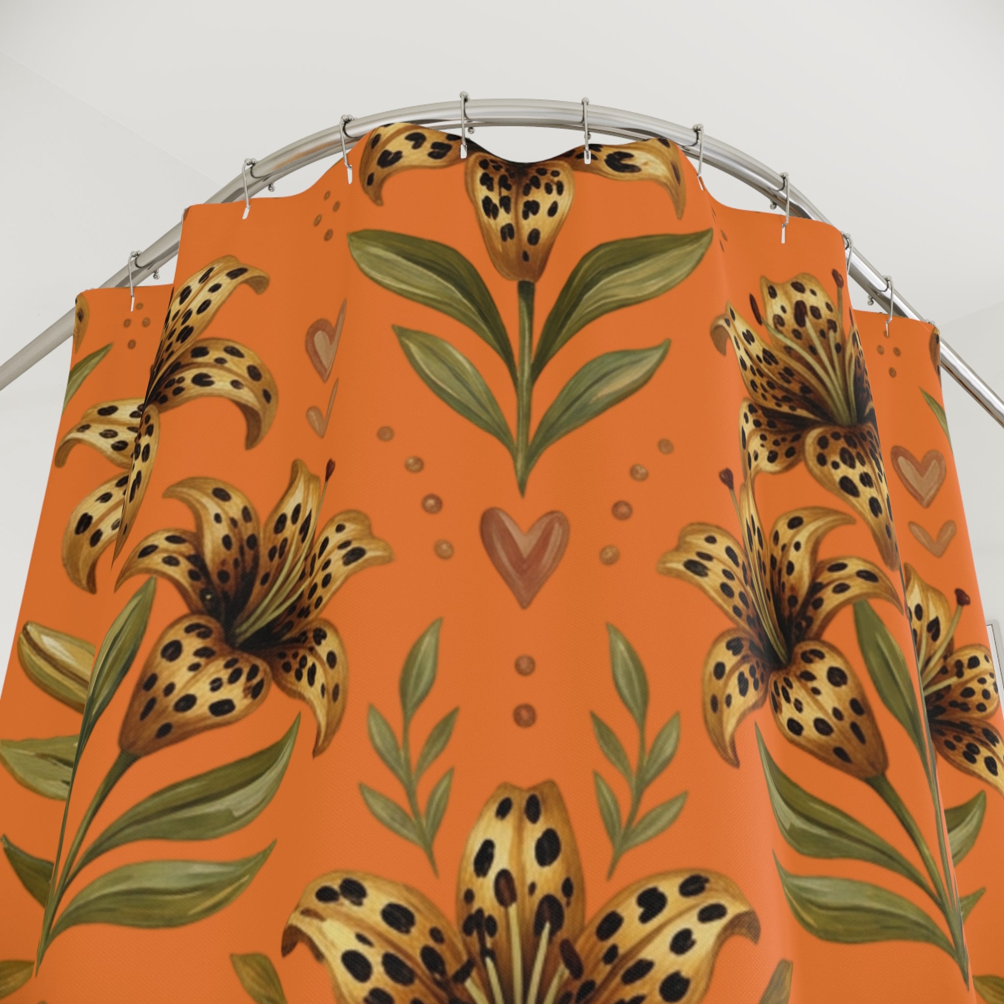 Tiger Lily Floral Shower Curtain — Orange Leopard-Spot Botanical Bath Decor