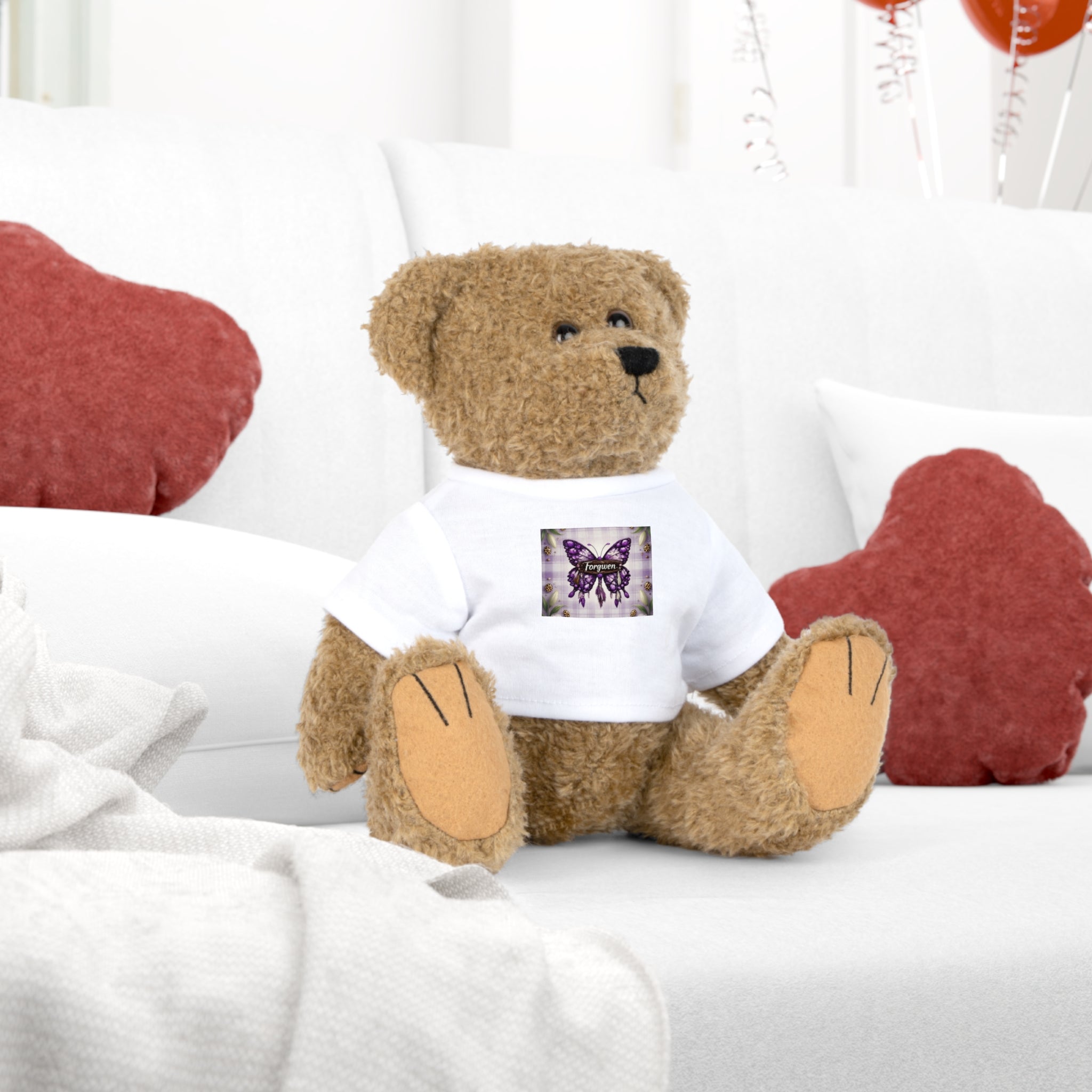 Purple Butterfly Teddy Bear Plush with Graphic T‑Shirt