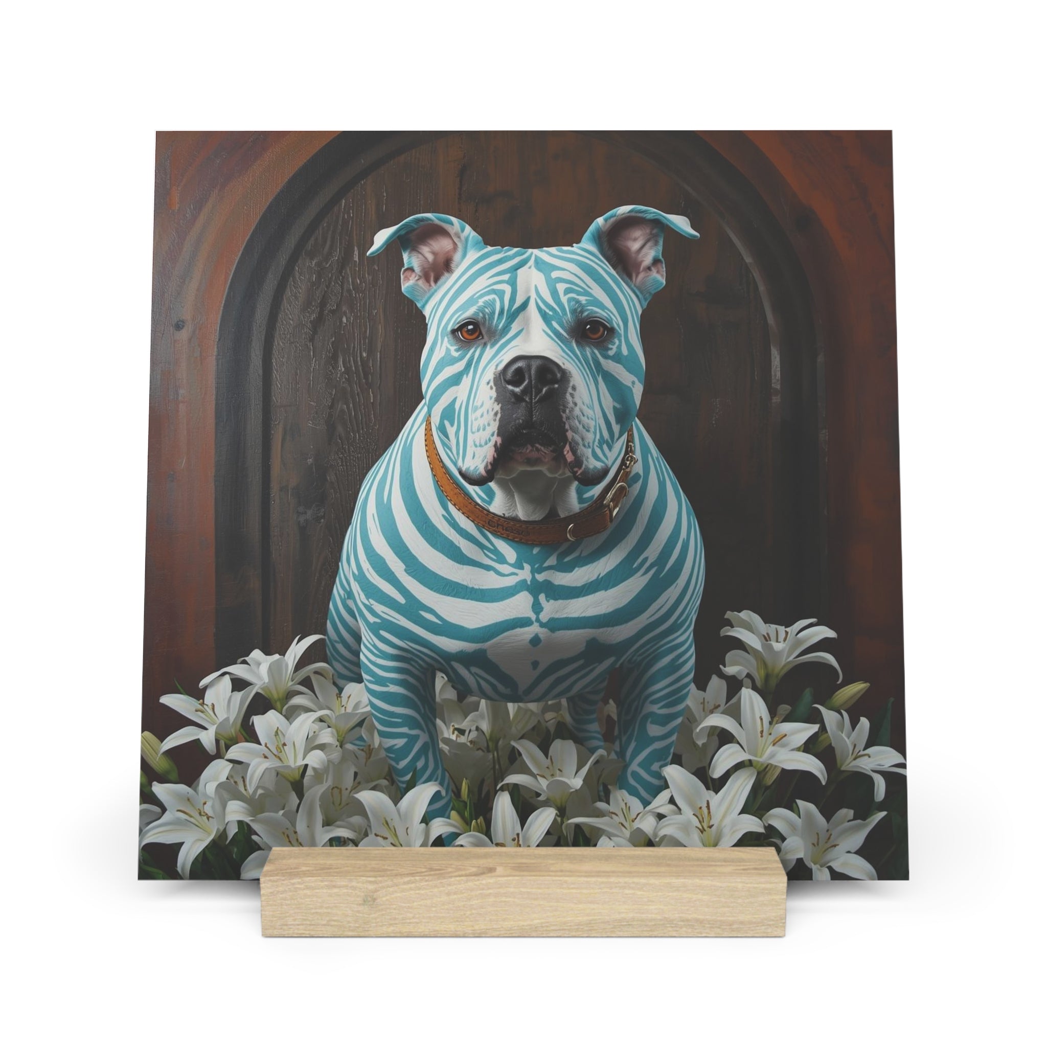 Gallery Board — Blue-Striped Pitbull Art Print on Wooden Stand
