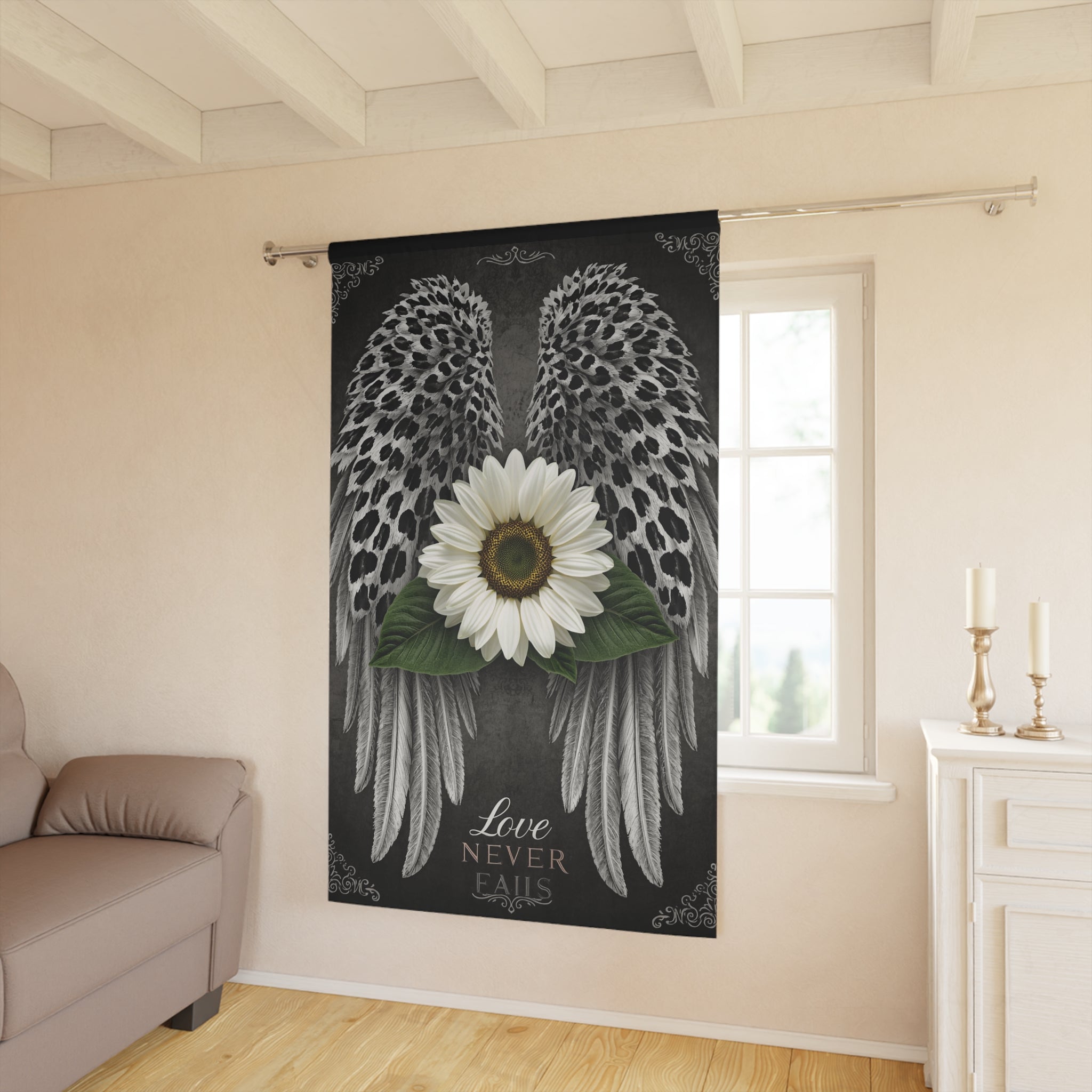 Angel Wings Daisy Window Curtain – "Love Never Fails" Decorative Panel