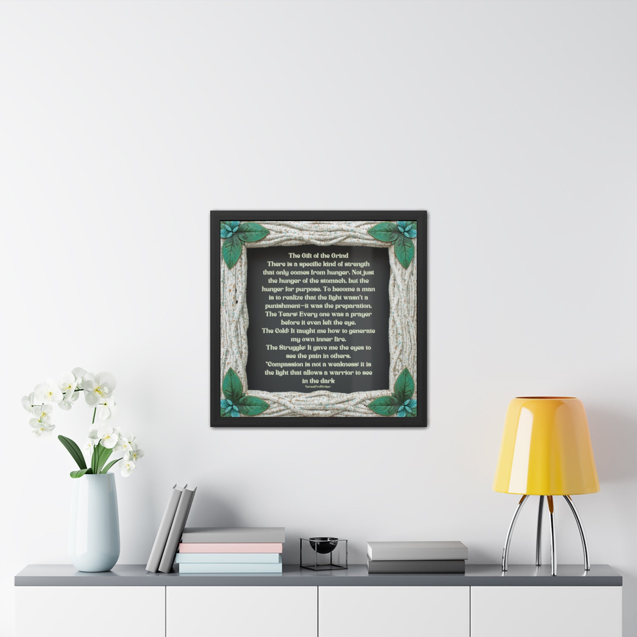 Framed Poster — "The Gift of the Grind" Inspirational Wall Art with Rustic Rope Frame