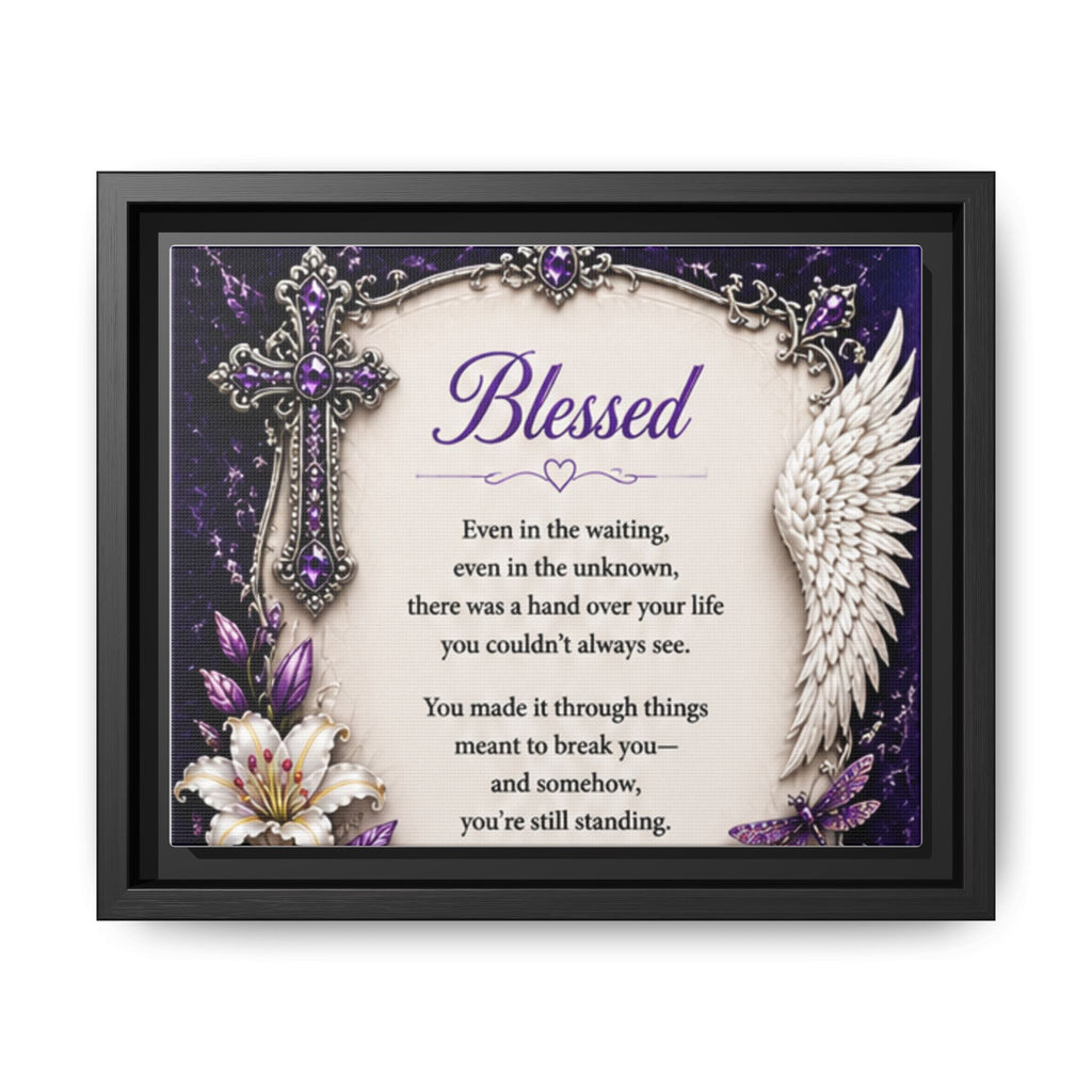 Blessed Inspirational Wall Art — Matte Framed Canvas with Cross & Angel Wing