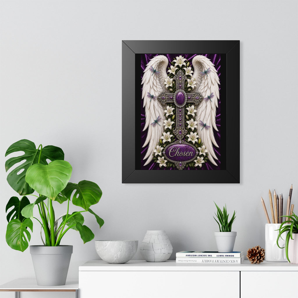 Framed Poster — 'Chosen' Angel Wings & Jeweled Cross Wall Art
