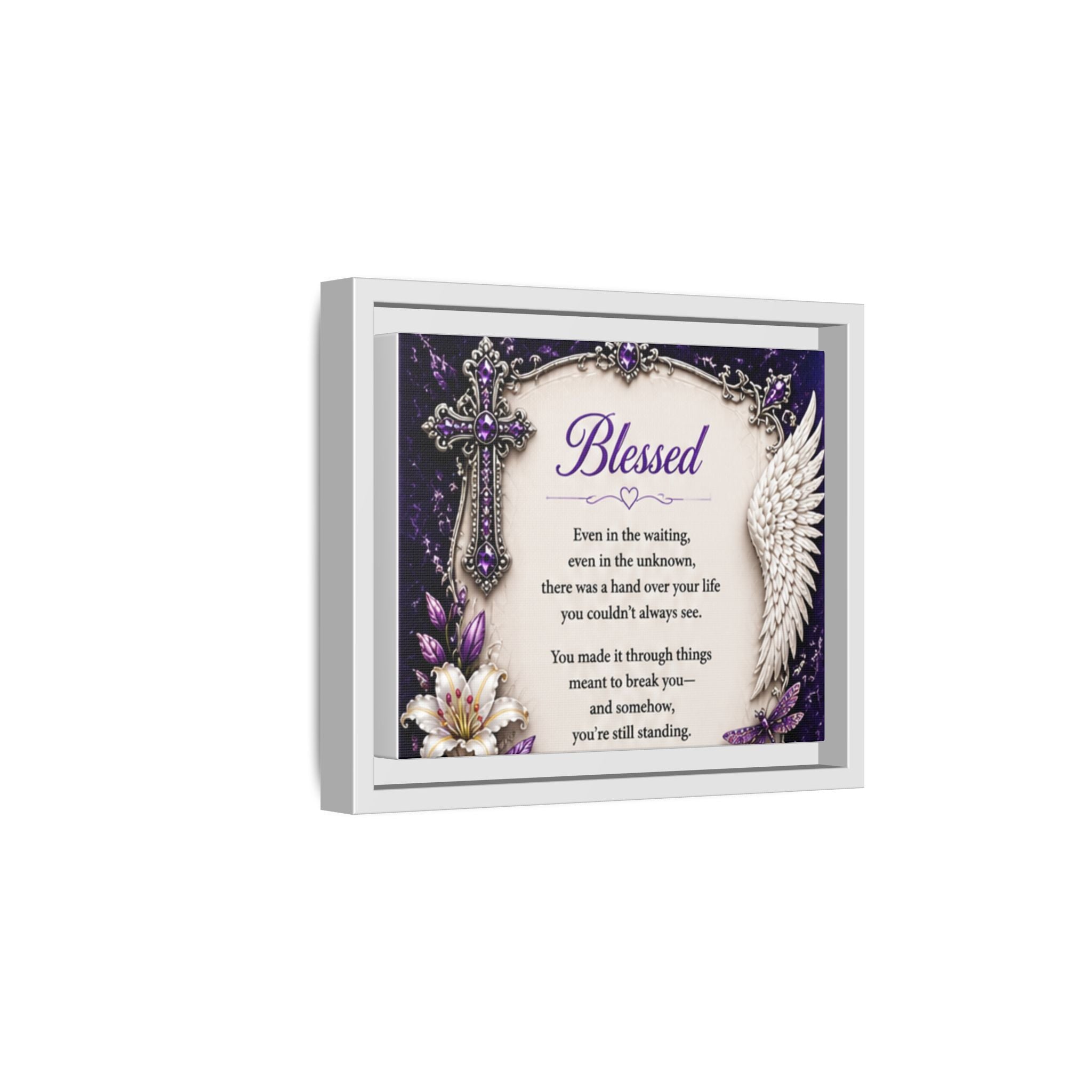 Blessed Inspirational Wall Art — Matte Framed Canvas with Cross & Angel Wing