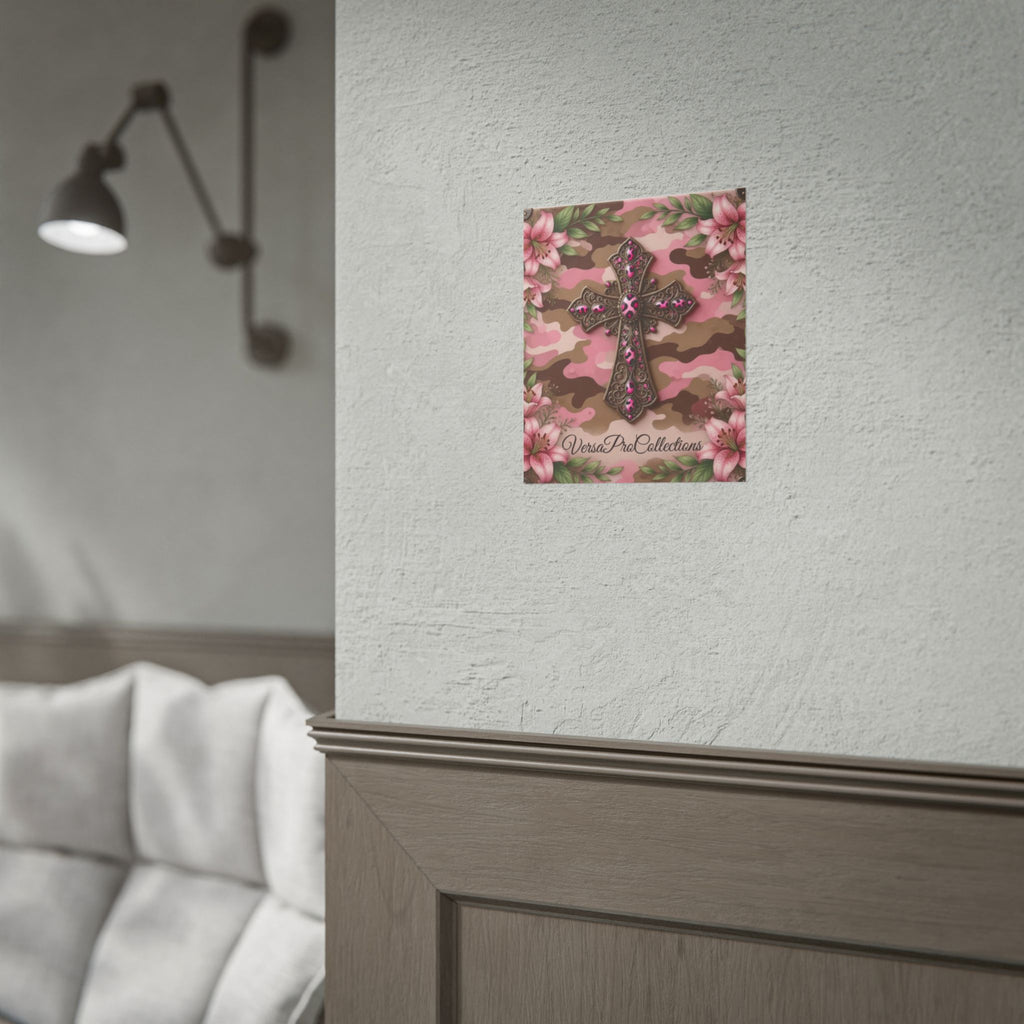 Pink Camo Floral Cross Poster – Religious Wall Art for Bedroom or Nursery