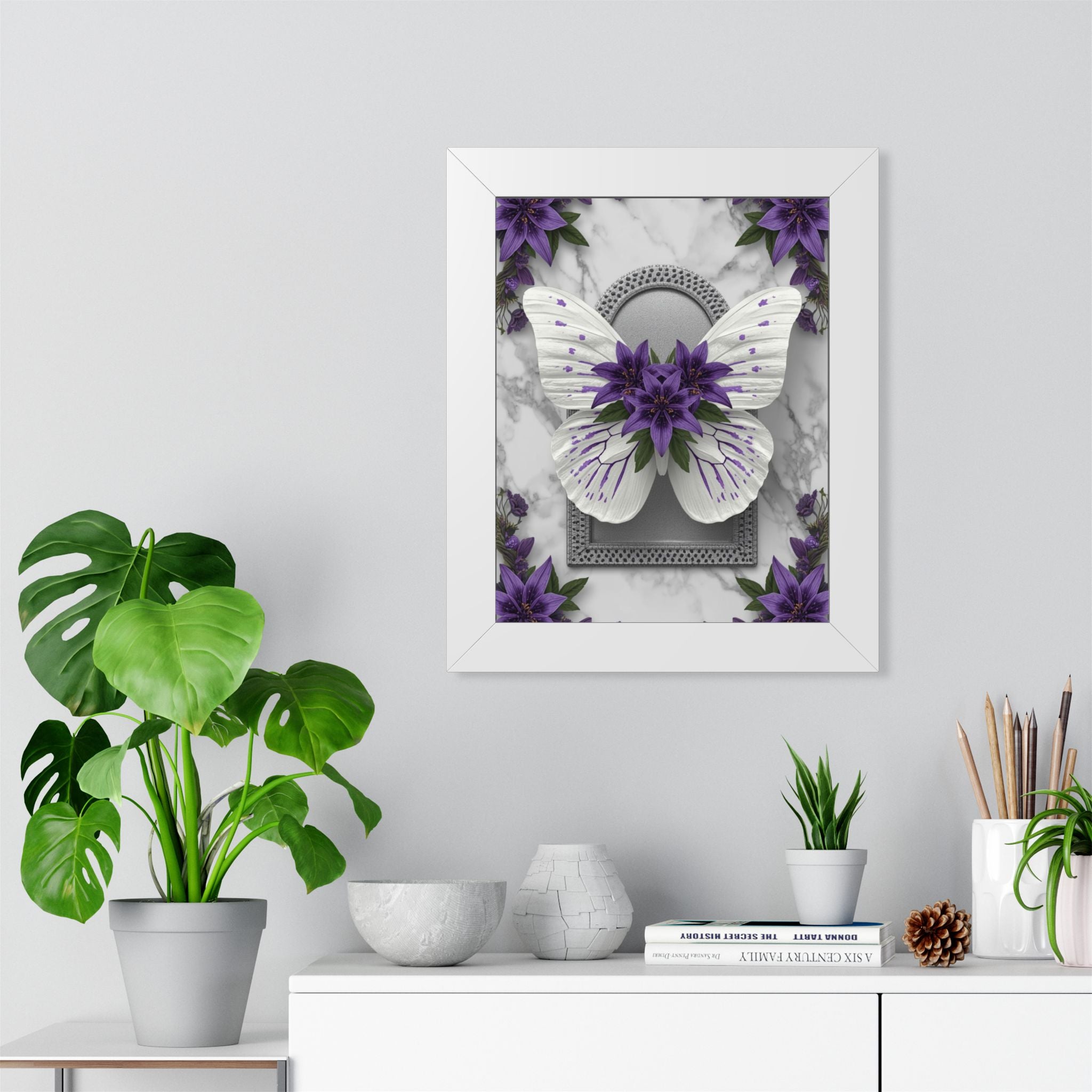 Purple Floral Butterfly Framed Poster — Vertical Wall Art