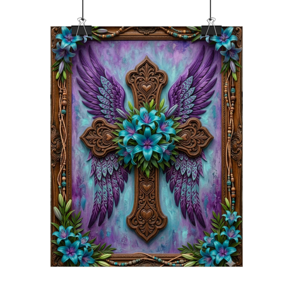 Angel Wing Cross Rolled Poster — Purple Floral Spiritual Wall Art