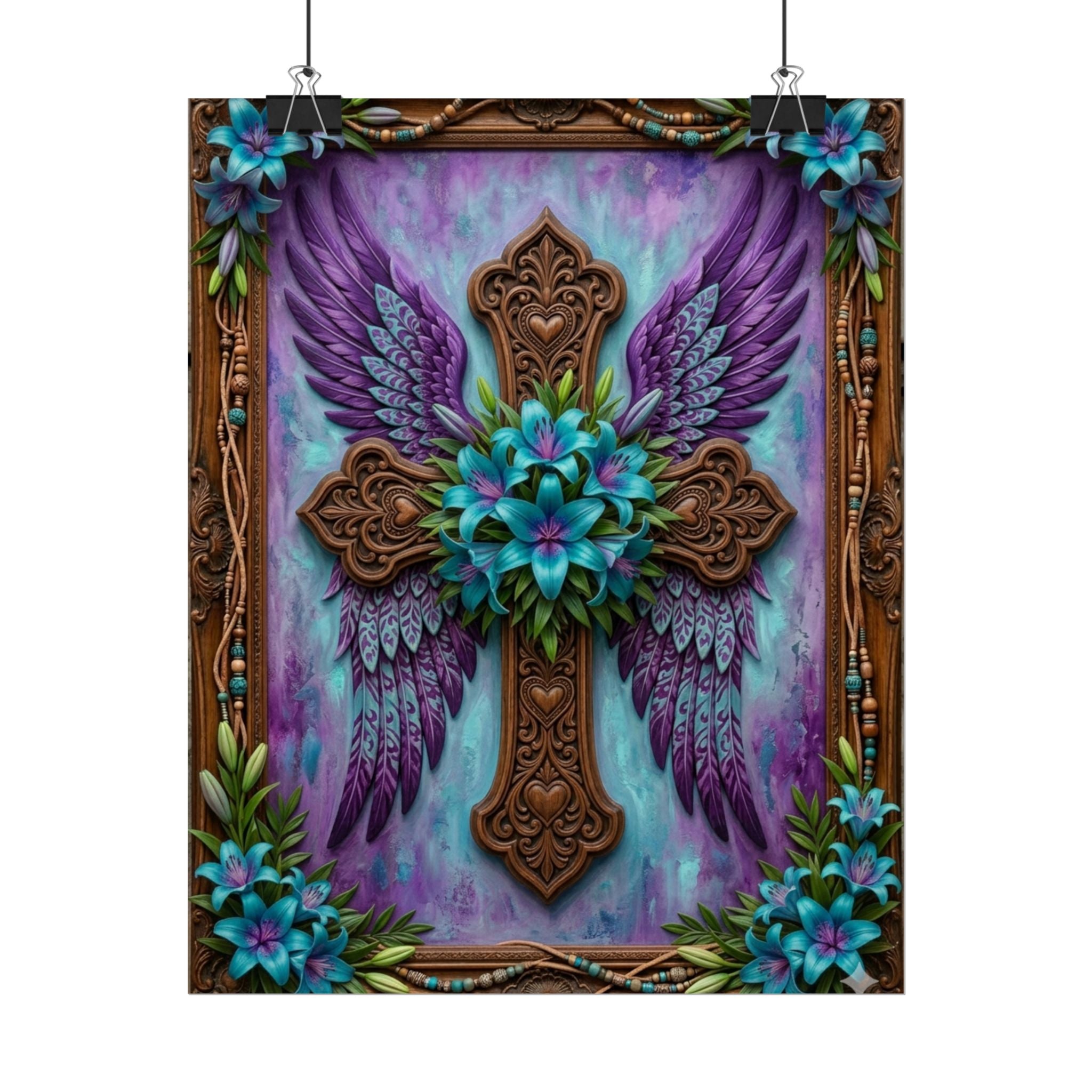 Angel Wing Cross Rolled Poster — Purple Floral Spiritual Wall Art