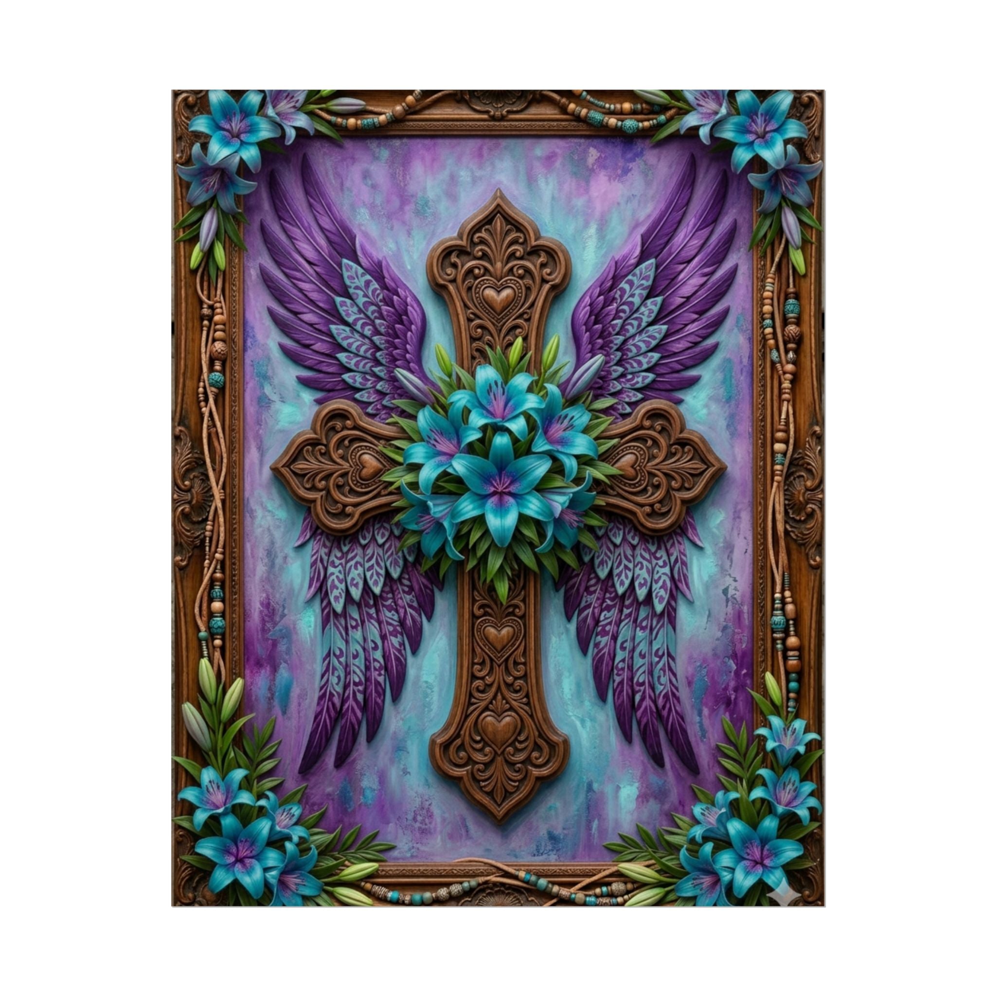 Angel Wing Cross Rolled Poster — Purple Floral Spiritual Wall Art