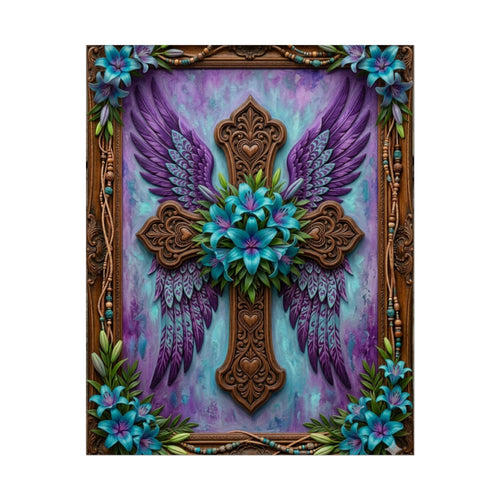 Angel Wing Cross Rolled Poster — Purple Floral Spiritual Wall Art