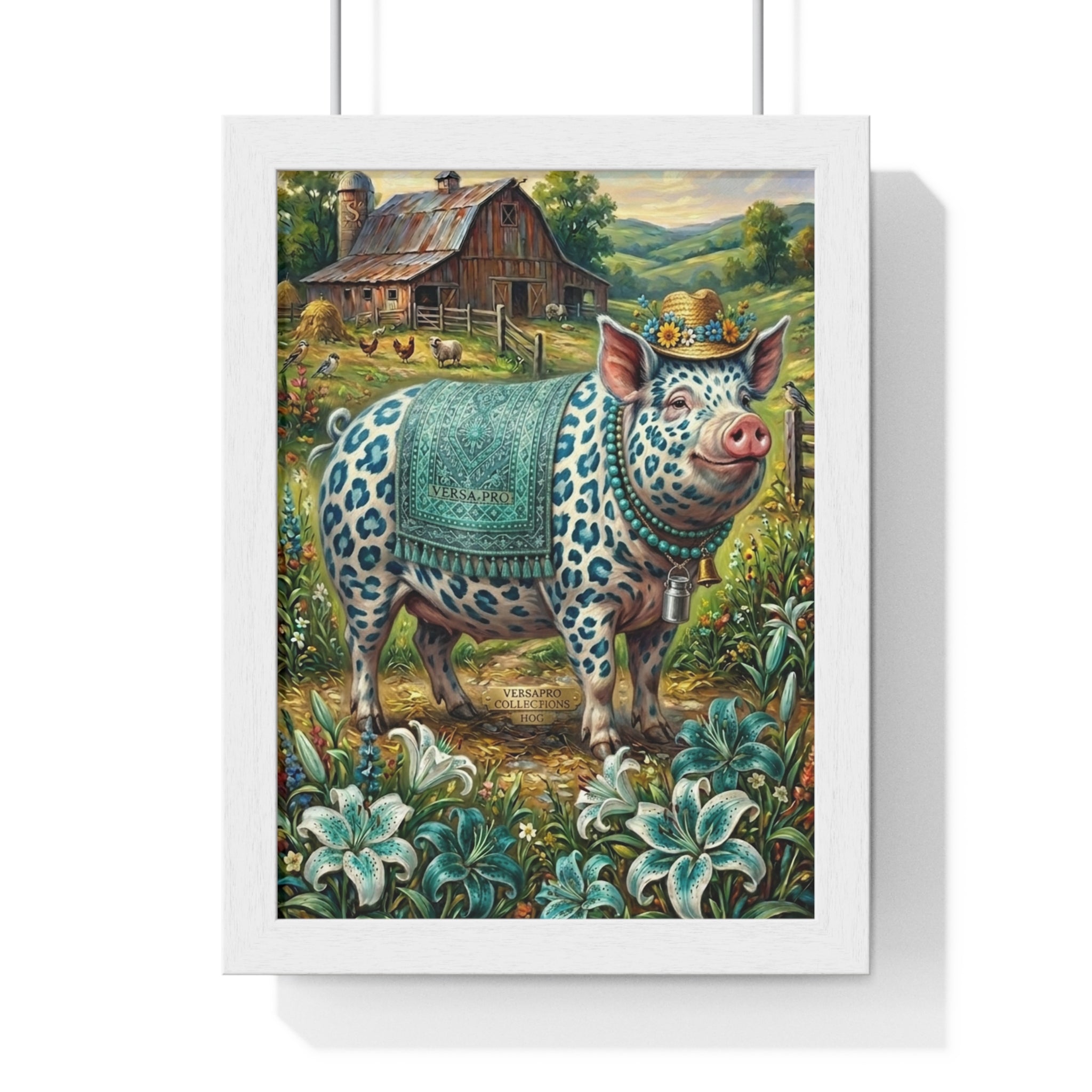 Framed Farmhouse Pig Art Print — Whimsical Floral Barnyard Poster
