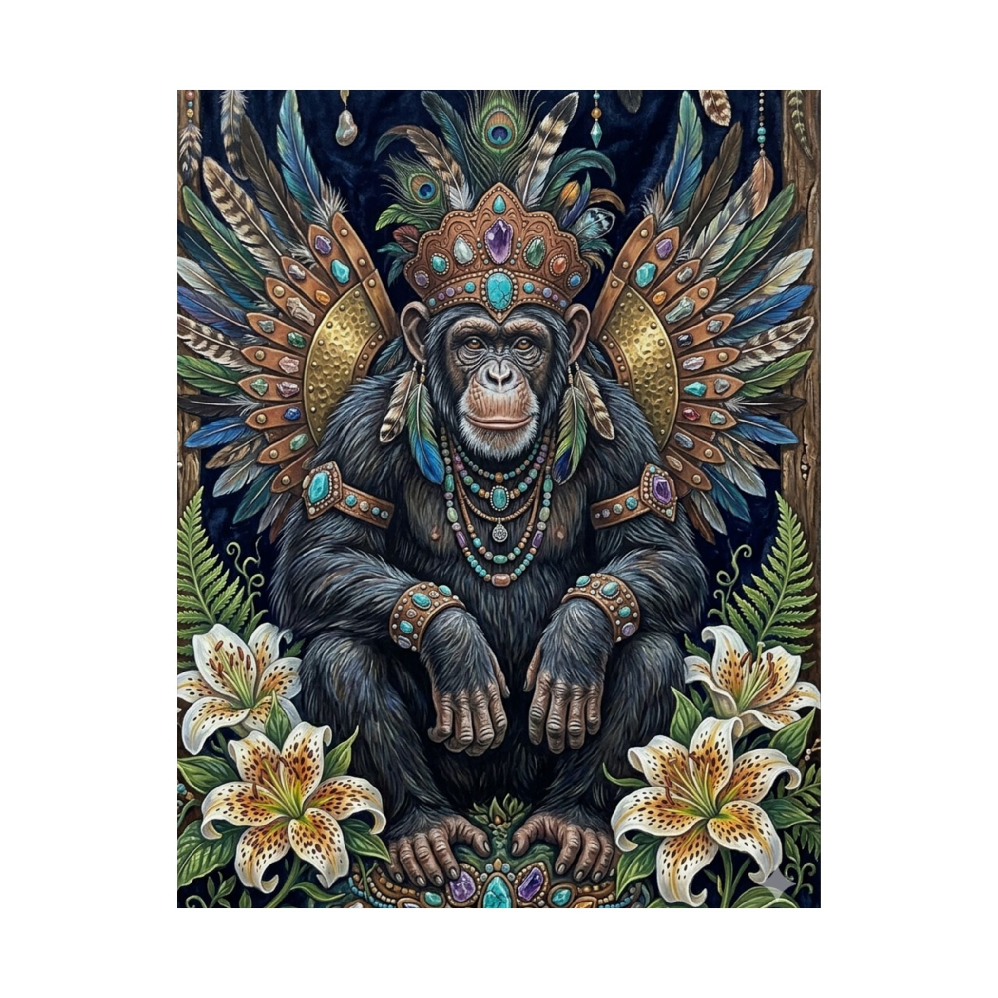 Regal Jungle Chimp Satin Poster — Ornate Tribal Monkey Art Print