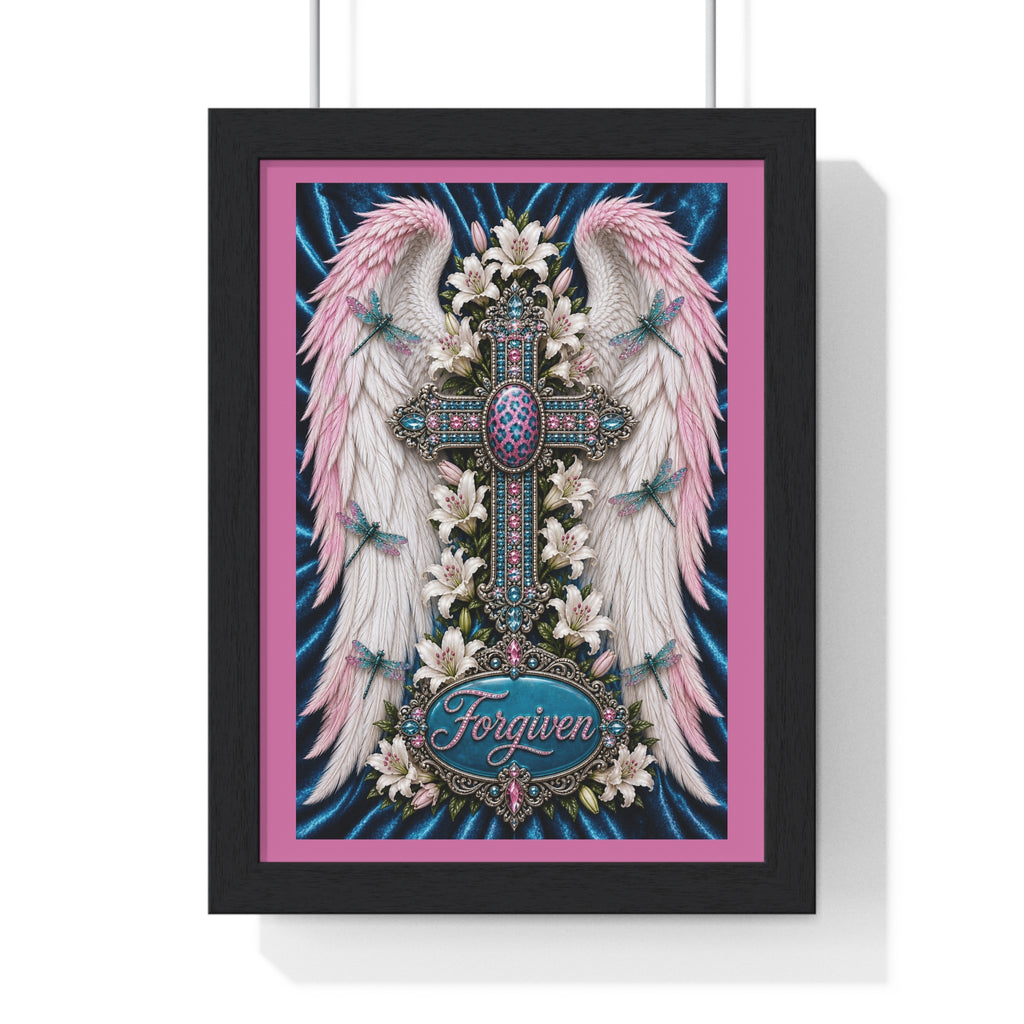 Framed Cross Wall Art Poster — 'Forgiven' Angel Wings Religious Print