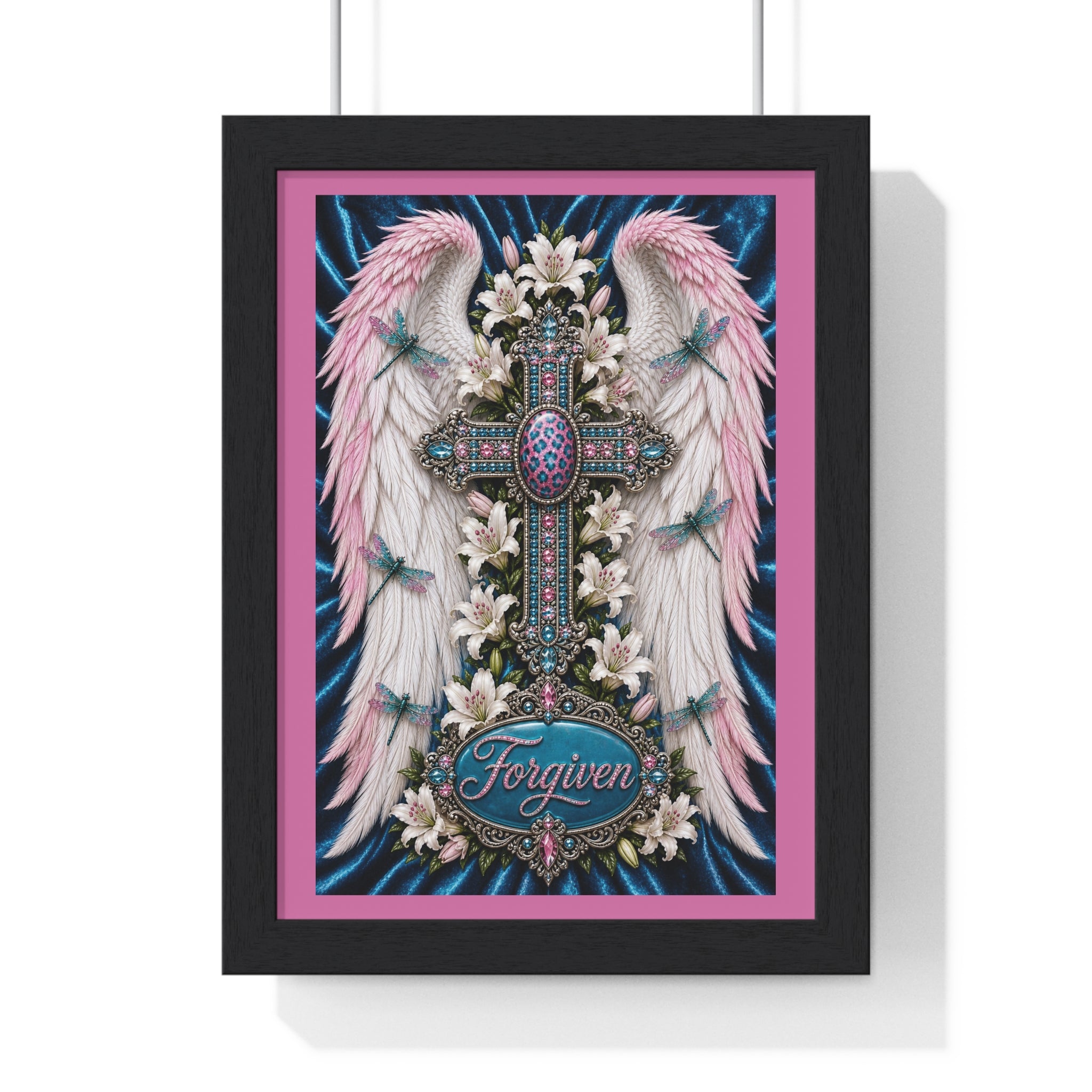 Framed Cross Wall Art Poster — 'Forgiven' Angel Wings Religious Print