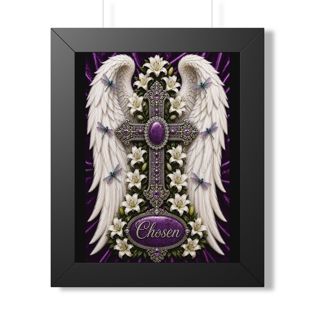 Framed Poster — 'Chosen' Angel Wings & Jeweled Cross Wall Art