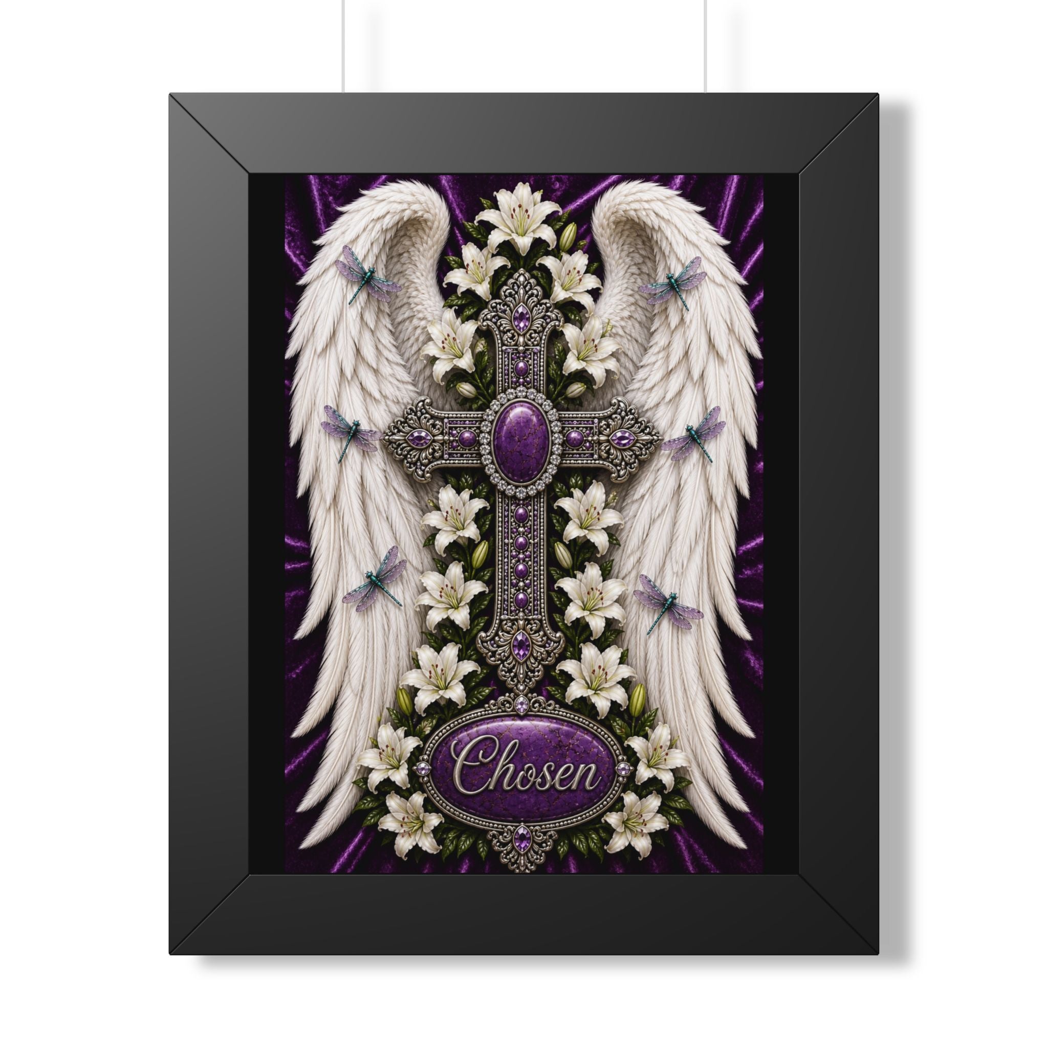 Framed Poster — 'Chosen' Angel Wings & Jeweled Cross Wall Art