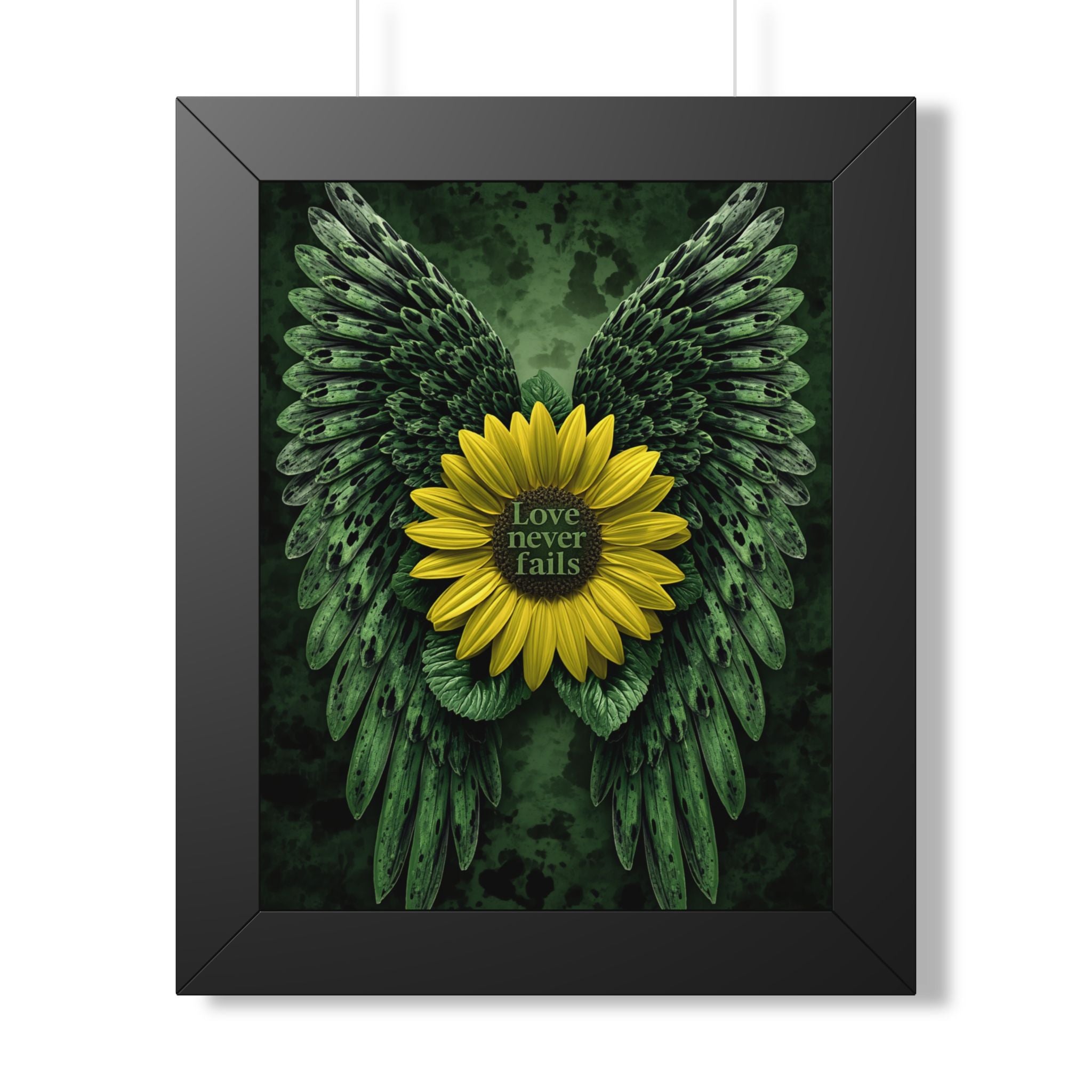 Framed Sunflower Angel Wings Poster — "Love Never Fails" Vertical Wall Art