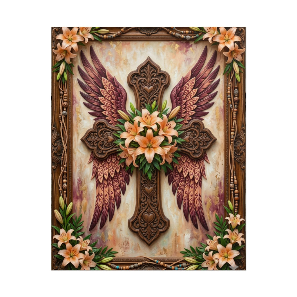 Rolled Poster — Floral Winged Cross Wall Art (Lily Memorial Religious Print)