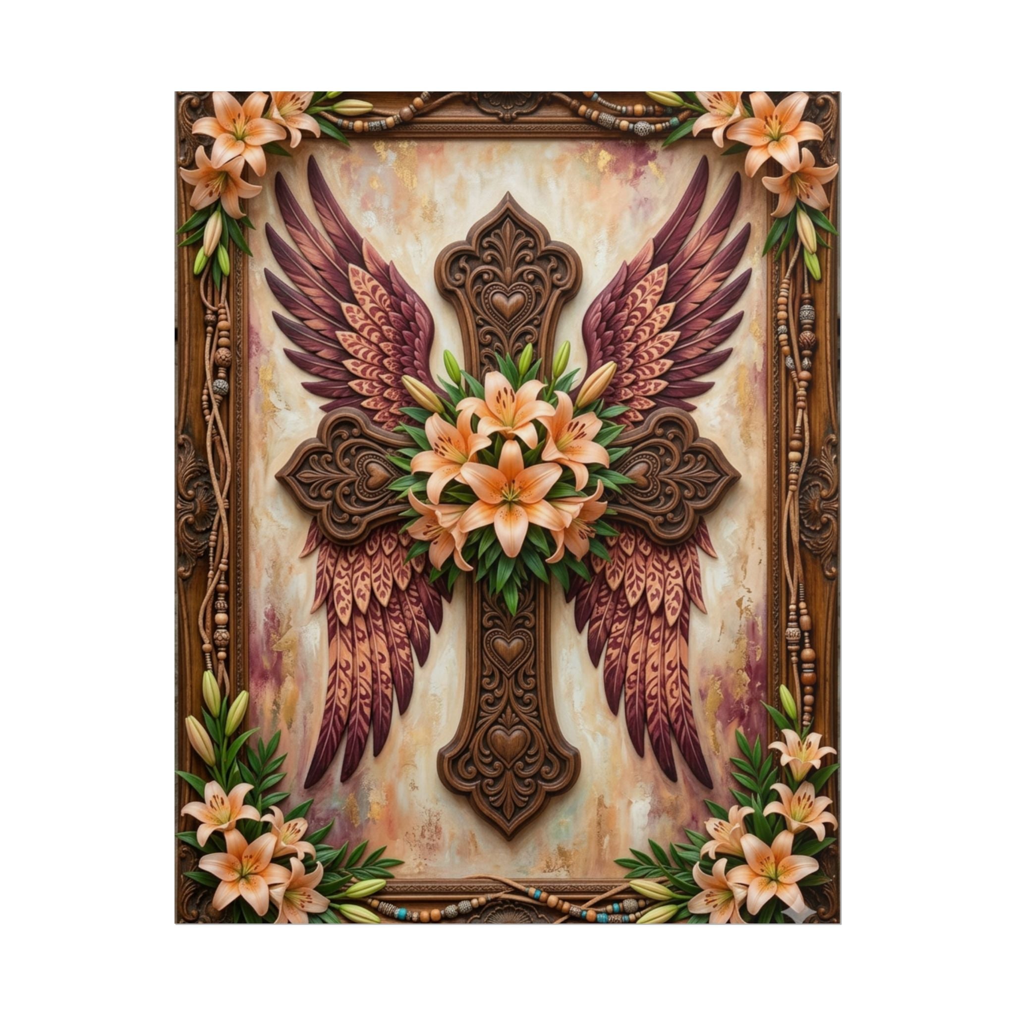 Rolled Poster — Floral Winged Cross Wall Art (Lily Memorial Religious Print)