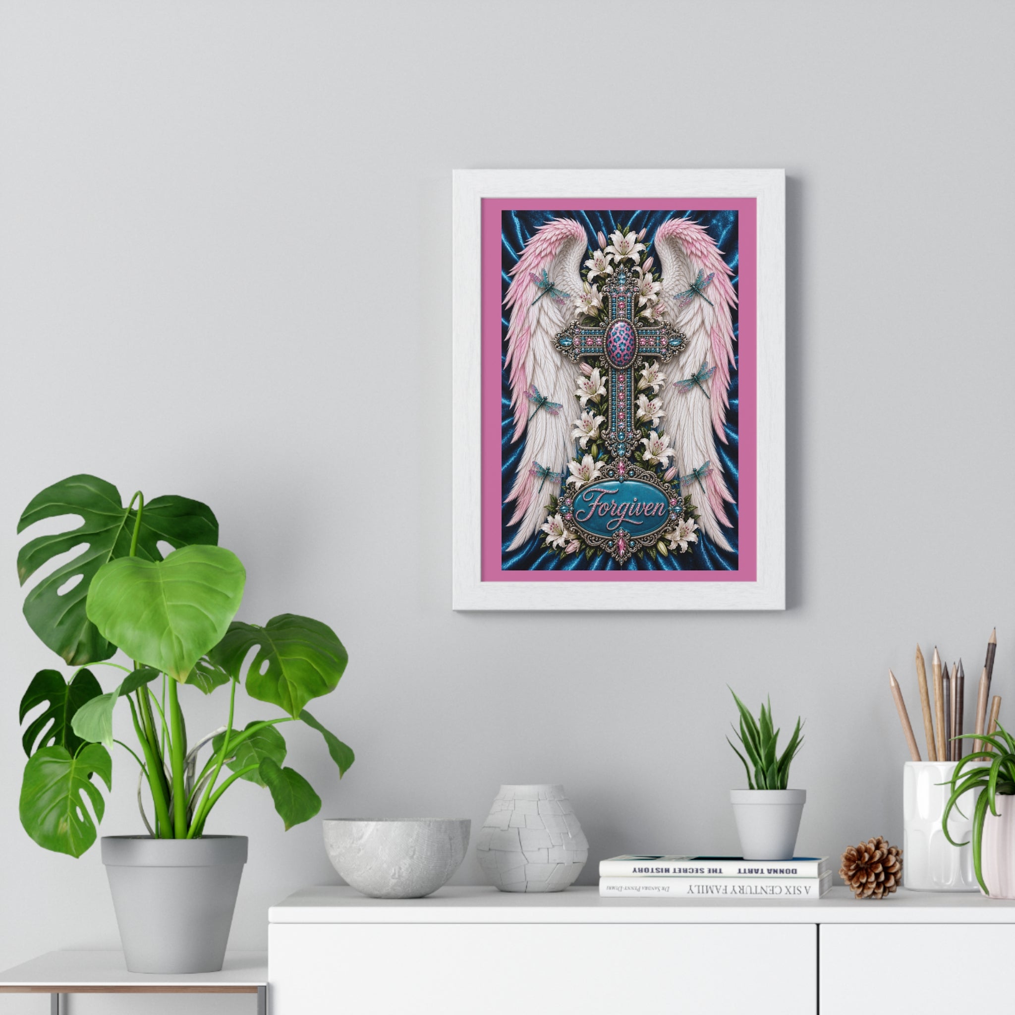 Framed Cross Wall Art Poster — 'Forgiven' Angel Wings Religious Print