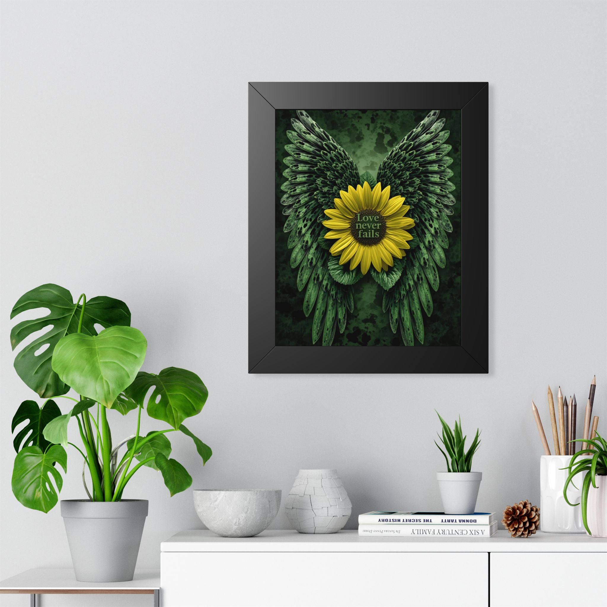 Framed Sunflower Angel Wings Poster — "Love Never Fails" Vertical Wall Art