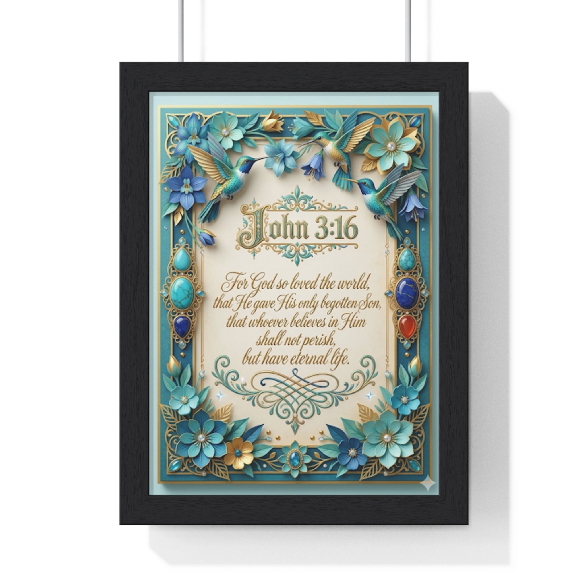 Framed John 3:16 Poster — Floral Religious Scripture Wall Art