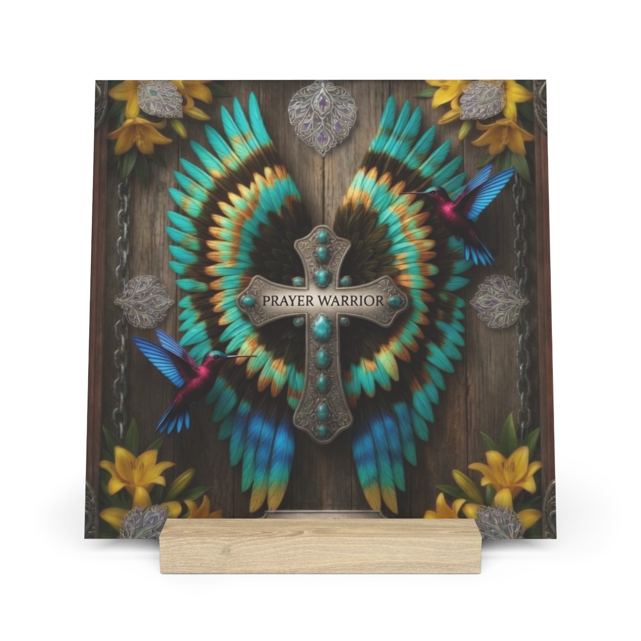 Prayer Warrior Gallery Board with Stand – Feather Cross Wall Art
