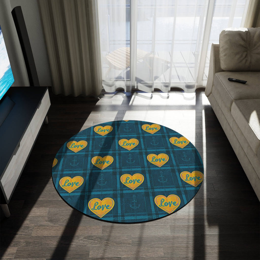 Nautical Plaid Round Rug — Blue Love Heart Anchor Floor Mat
