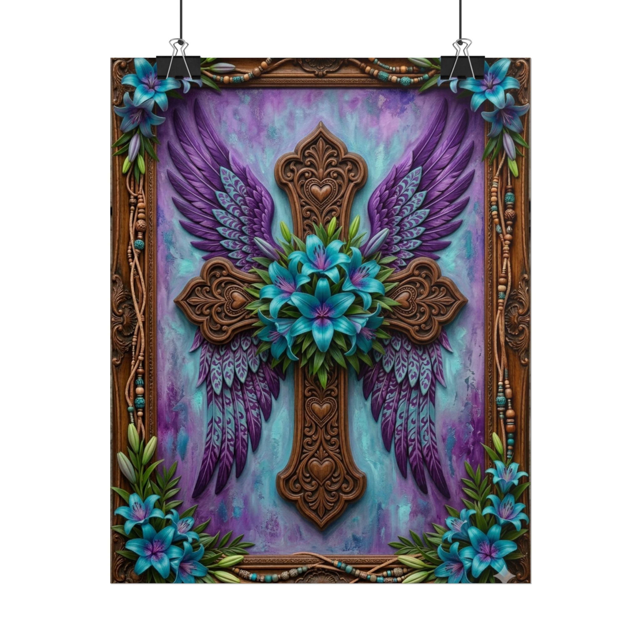 Angel Wing Cross Rolled Poster — Purple Floral Spiritual Wall Art