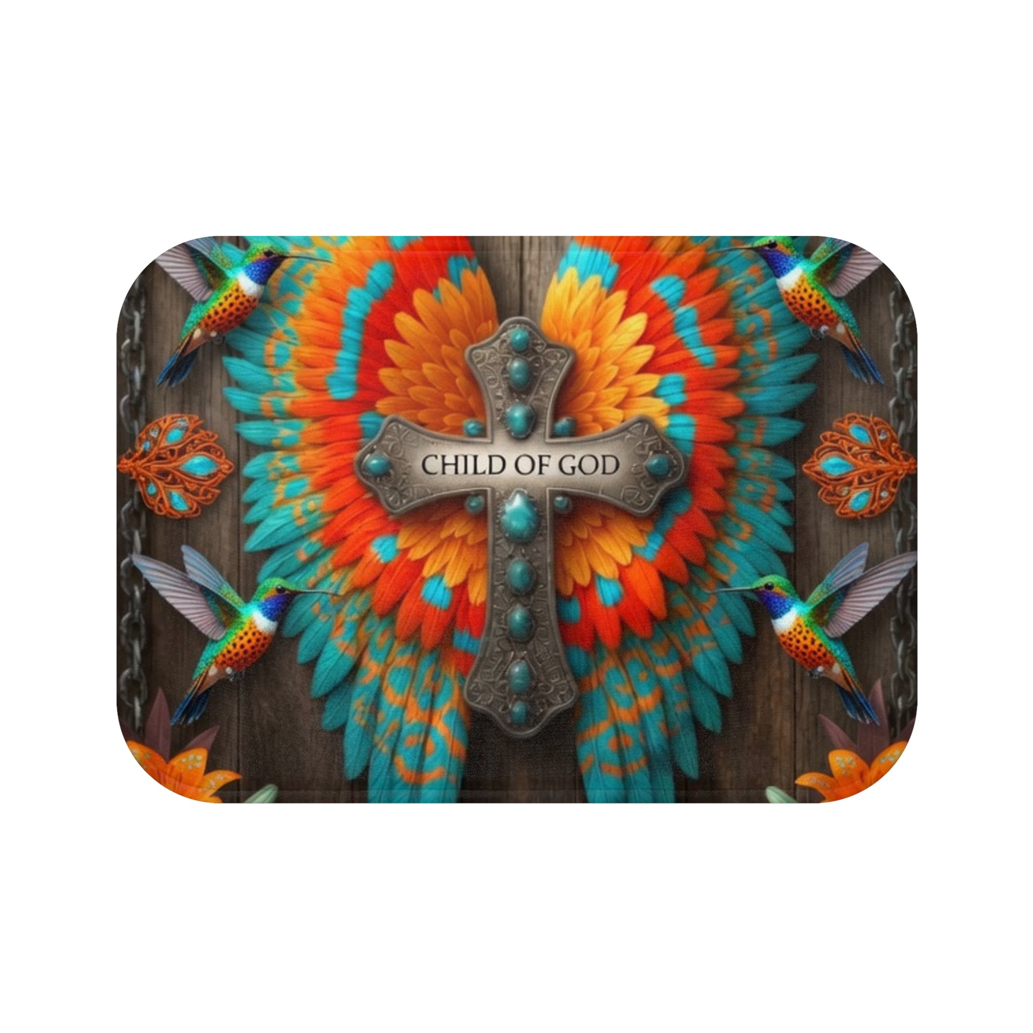 Child of God Cross Bath Mat — Colorful Feather Wings & Hummingbird Design