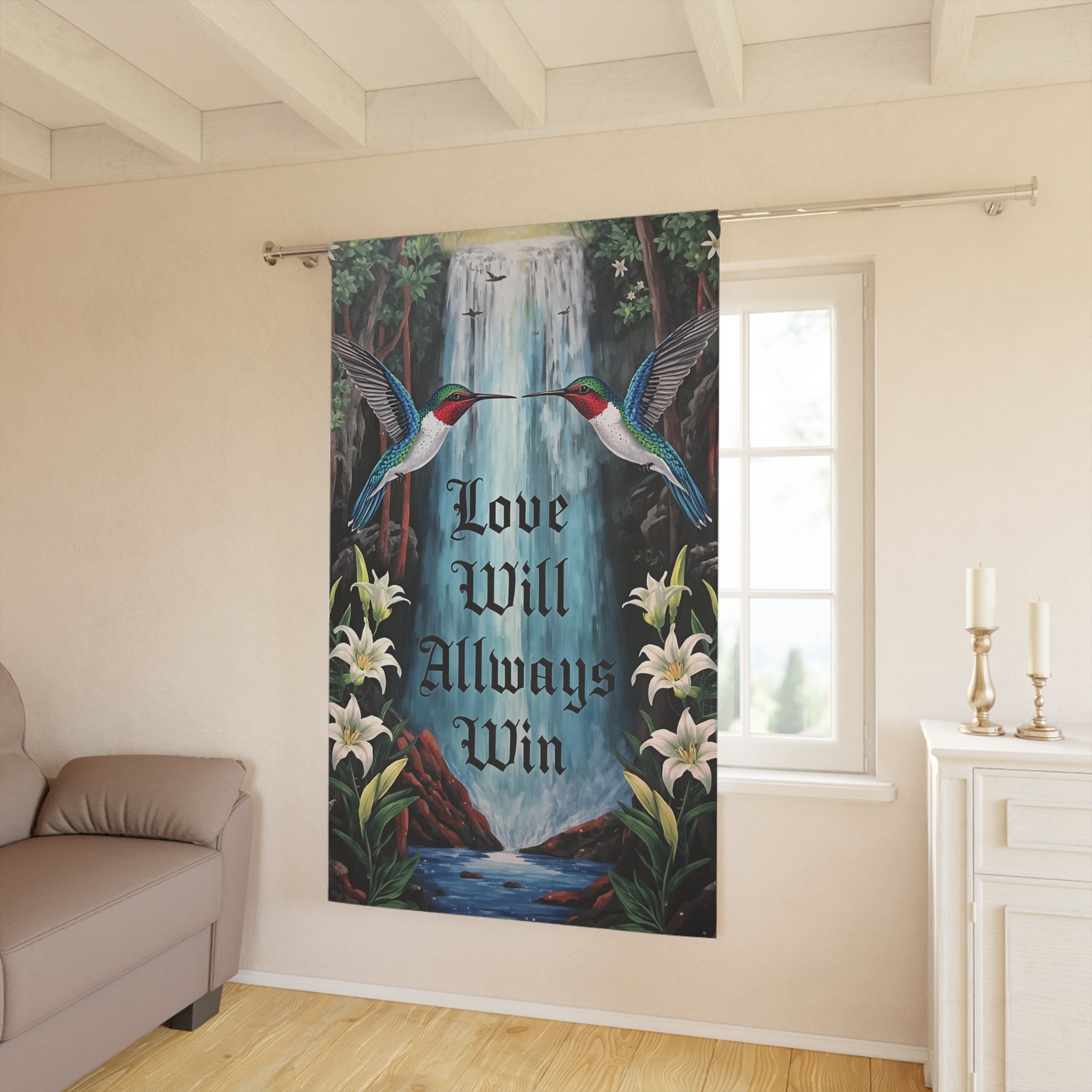 Love Will Always Win Curtains — Hummingbird Waterfall Window Panel