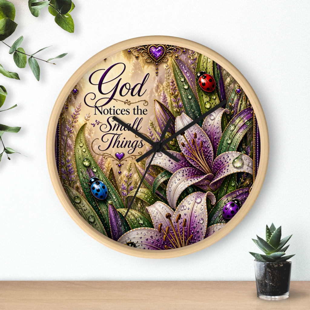Wall Clock — "God Notices the Small Things" Floral Decorative Clock (Purple Lilies, Inspirational Home Decor)