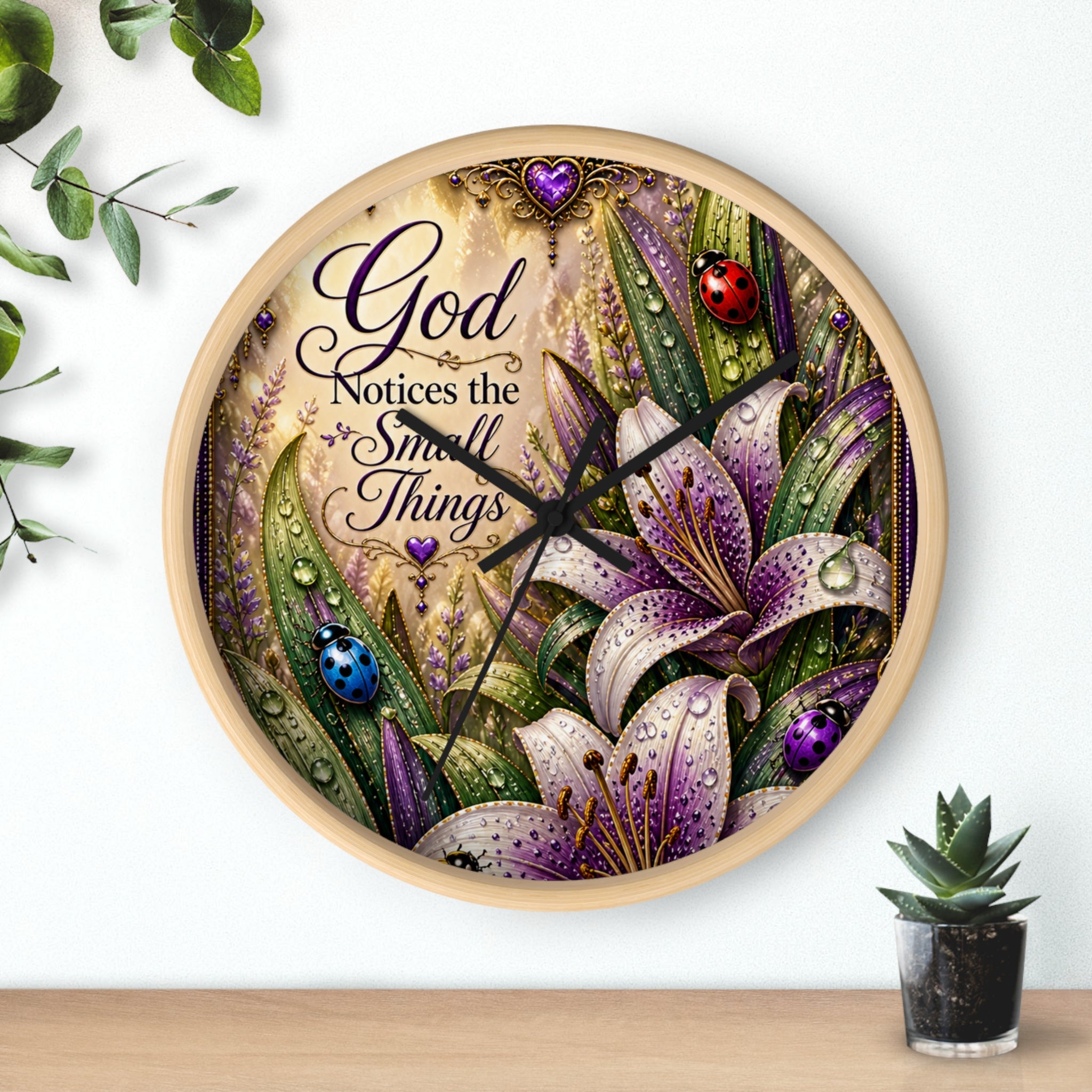 Wall Clock — "God Notices the Small Things" Floral Decorative Clock (Purple Lilies, Inspirational Home Decor)