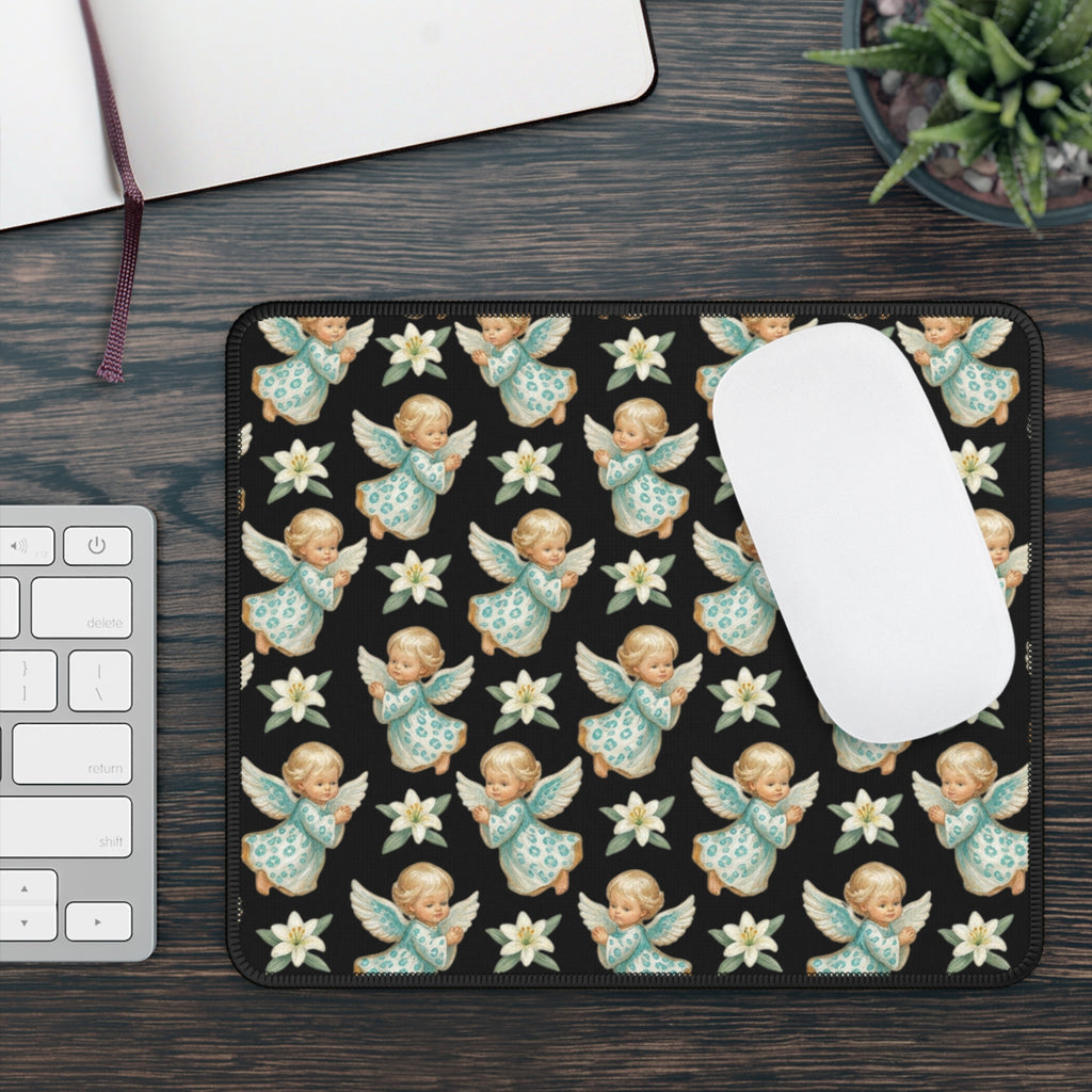 Angel Pattern Gaming Mouse Pad — Vintage Cherub & Star Floral Desk Mat