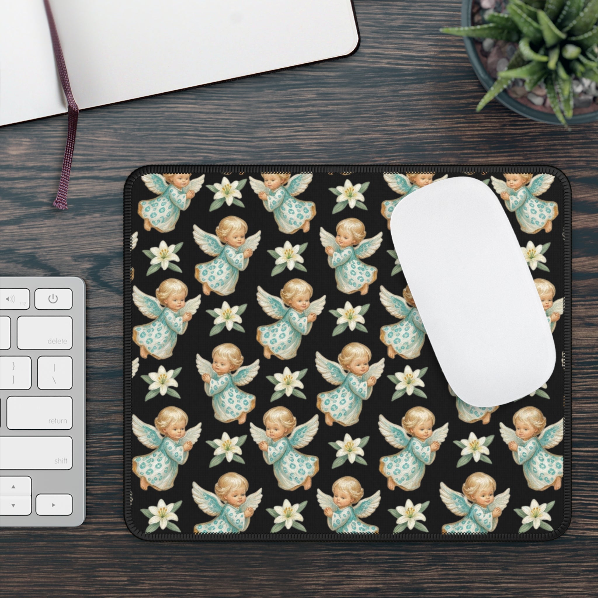Angel Pattern Gaming Mouse Pad — Vintage Cherub & Star Floral Desk Mat
