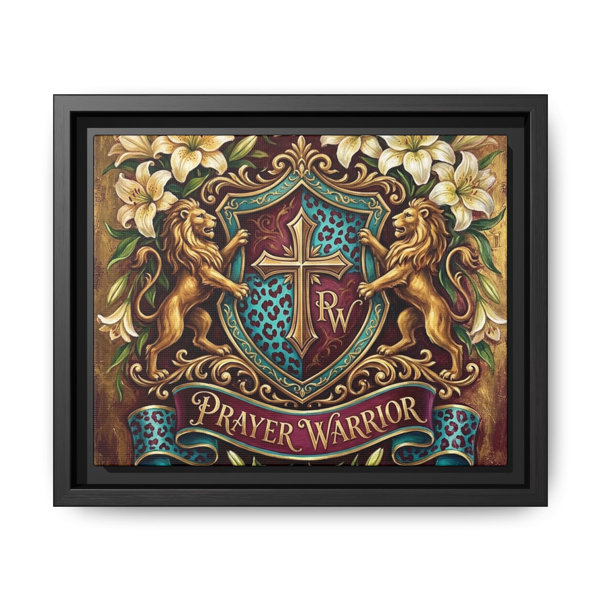 Prayer Warrior Framed Canvas Art — Heraldic Cross & Lions Wall Decor