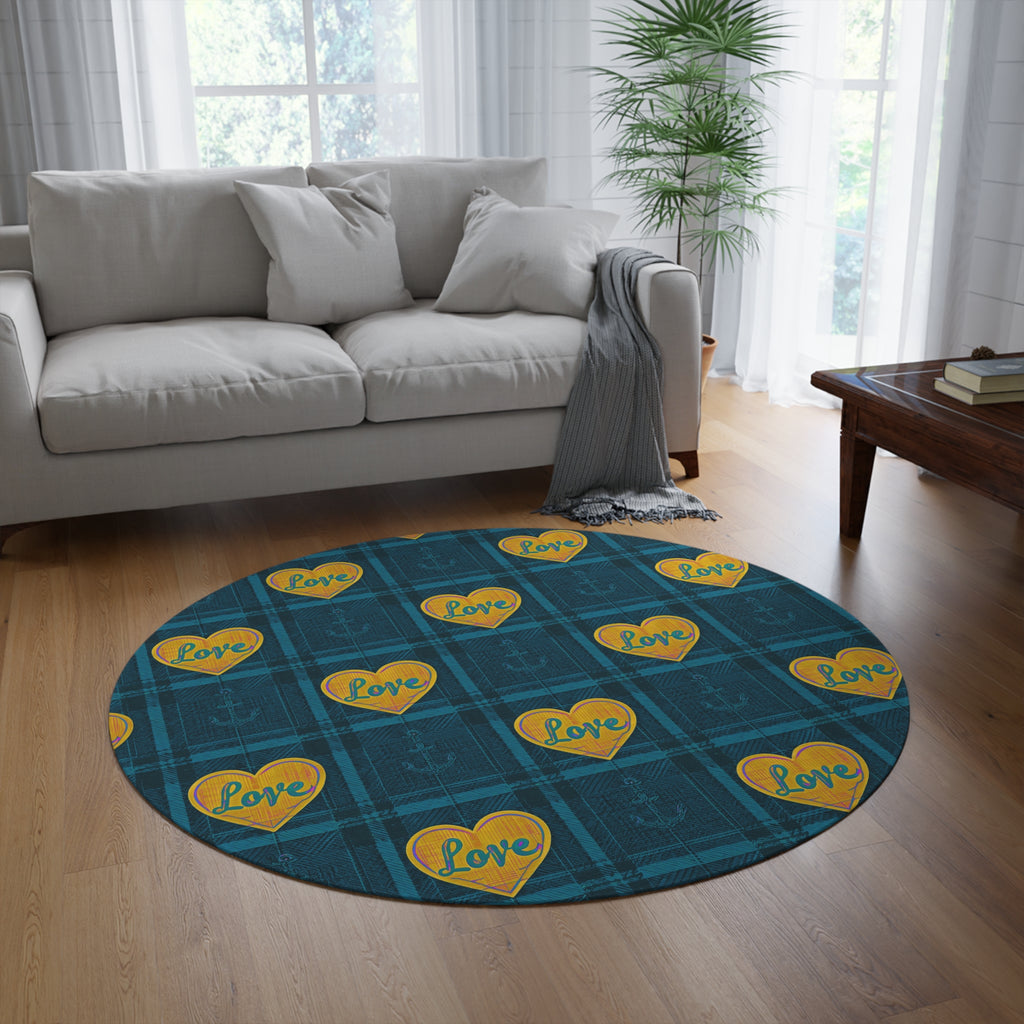 Nautical Plaid Round Rug — Blue Love Heart Anchor Floor Mat
