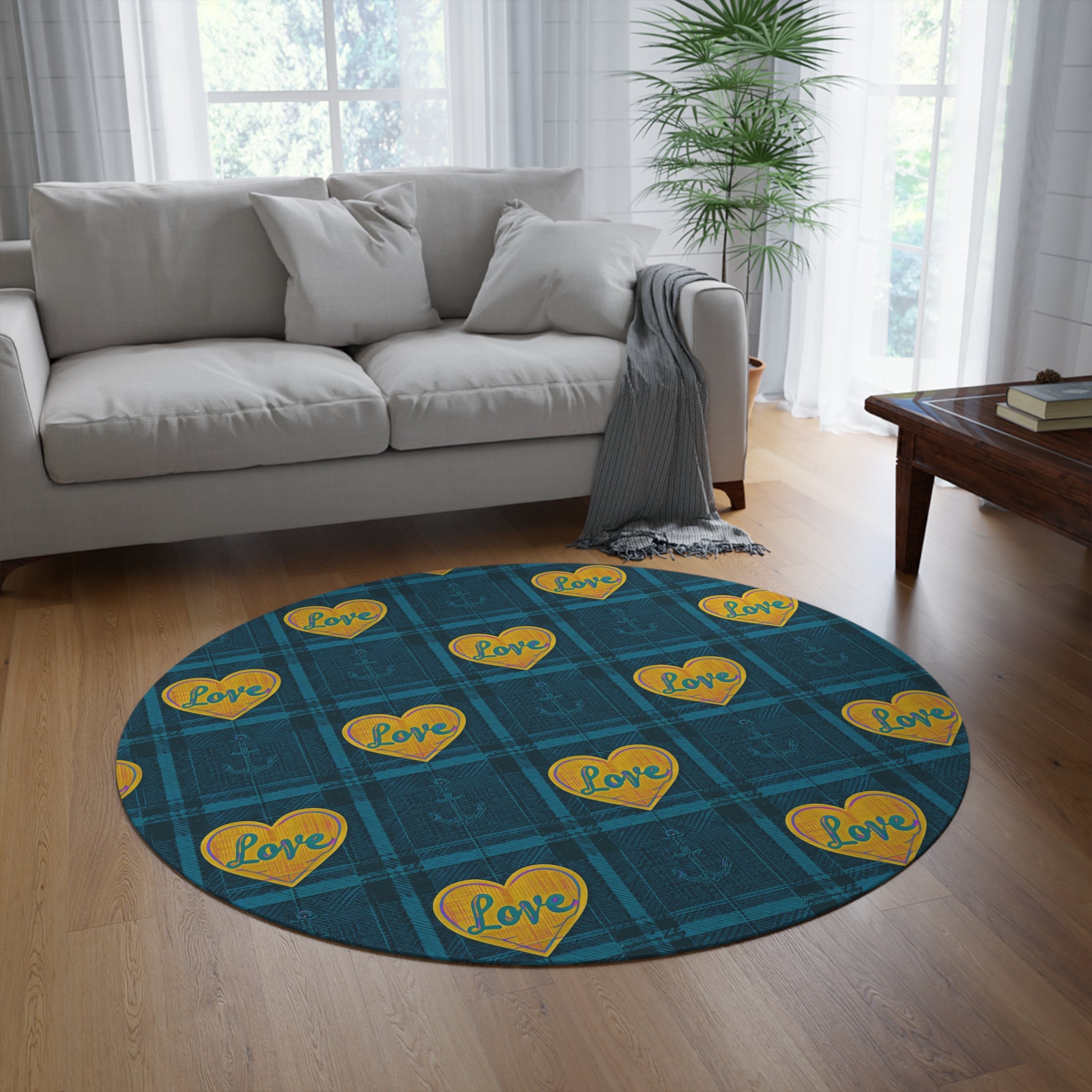 Nautical Plaid Round Rug — Blue Love Heart Anchor Floor Mat