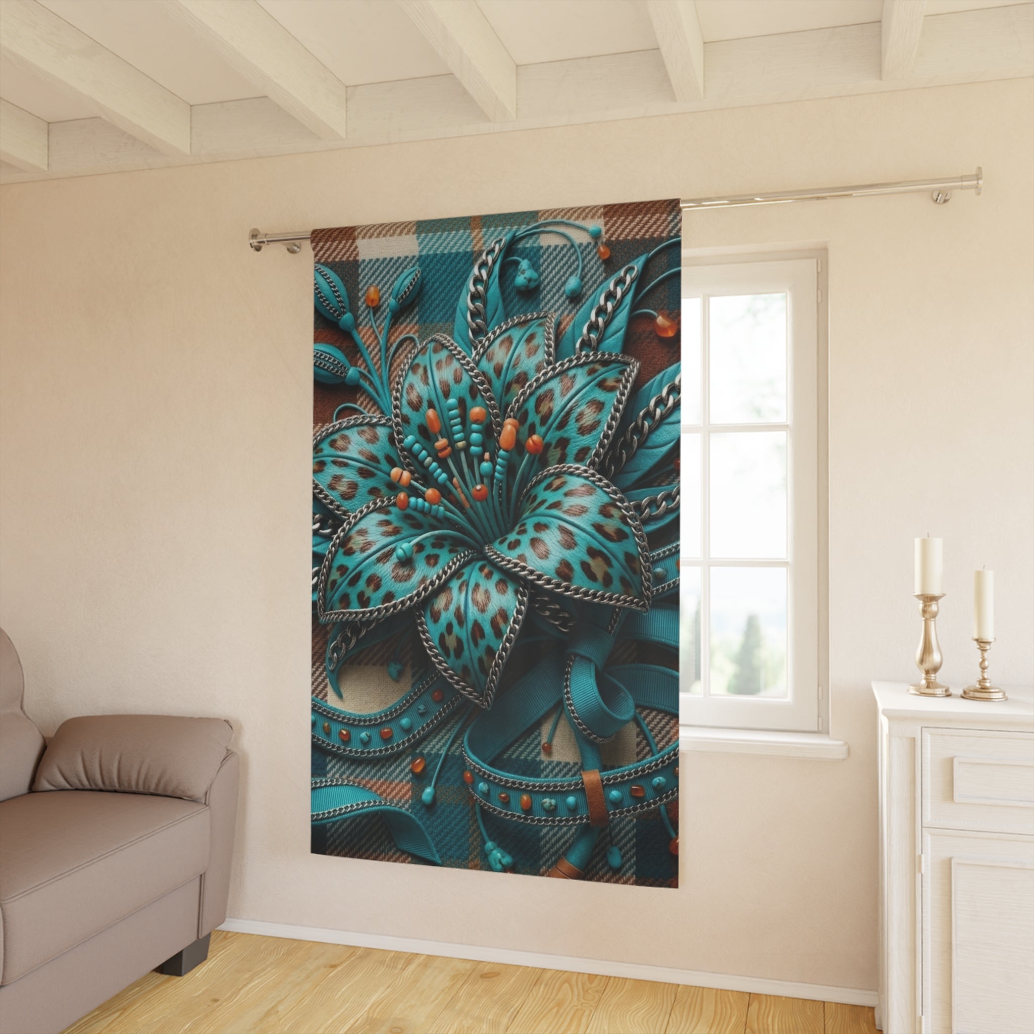 Teal Floral Tapestry Curtain - 3D Ornamental Bloom Window Panel