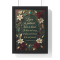Framed Poster – "Love is Patient, Love is Kind" Floral Scripture Wall Art (1 Corinthians 13:4)